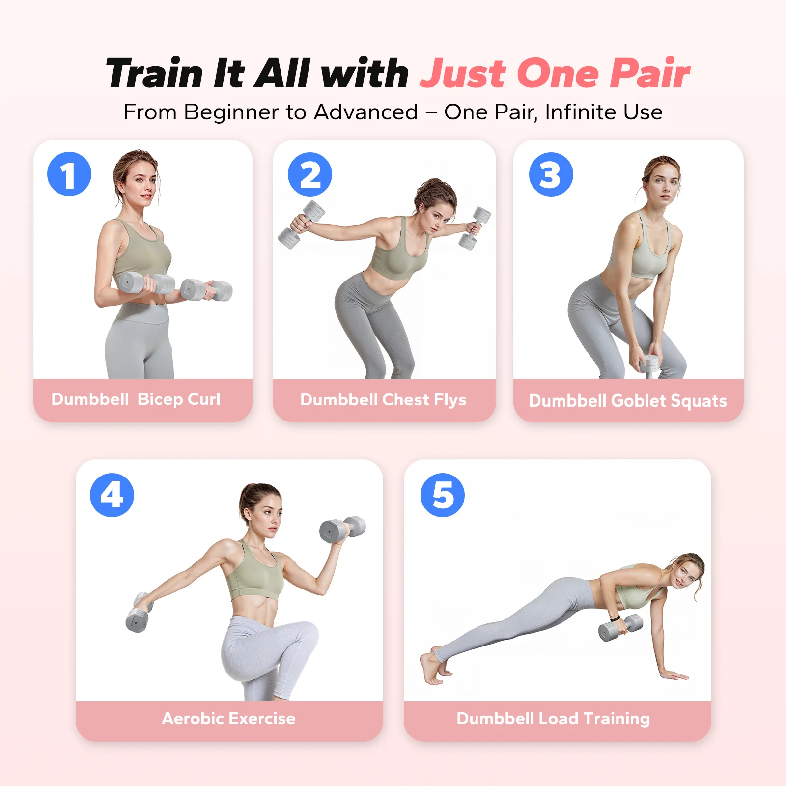 MERACH 4-in-1 Adjustable Dumbbells, 2-Pack, Each 2.2/4.4/6.6/8.8 lbs, Hand Weights for Women, for Home Fitness Training, Gray