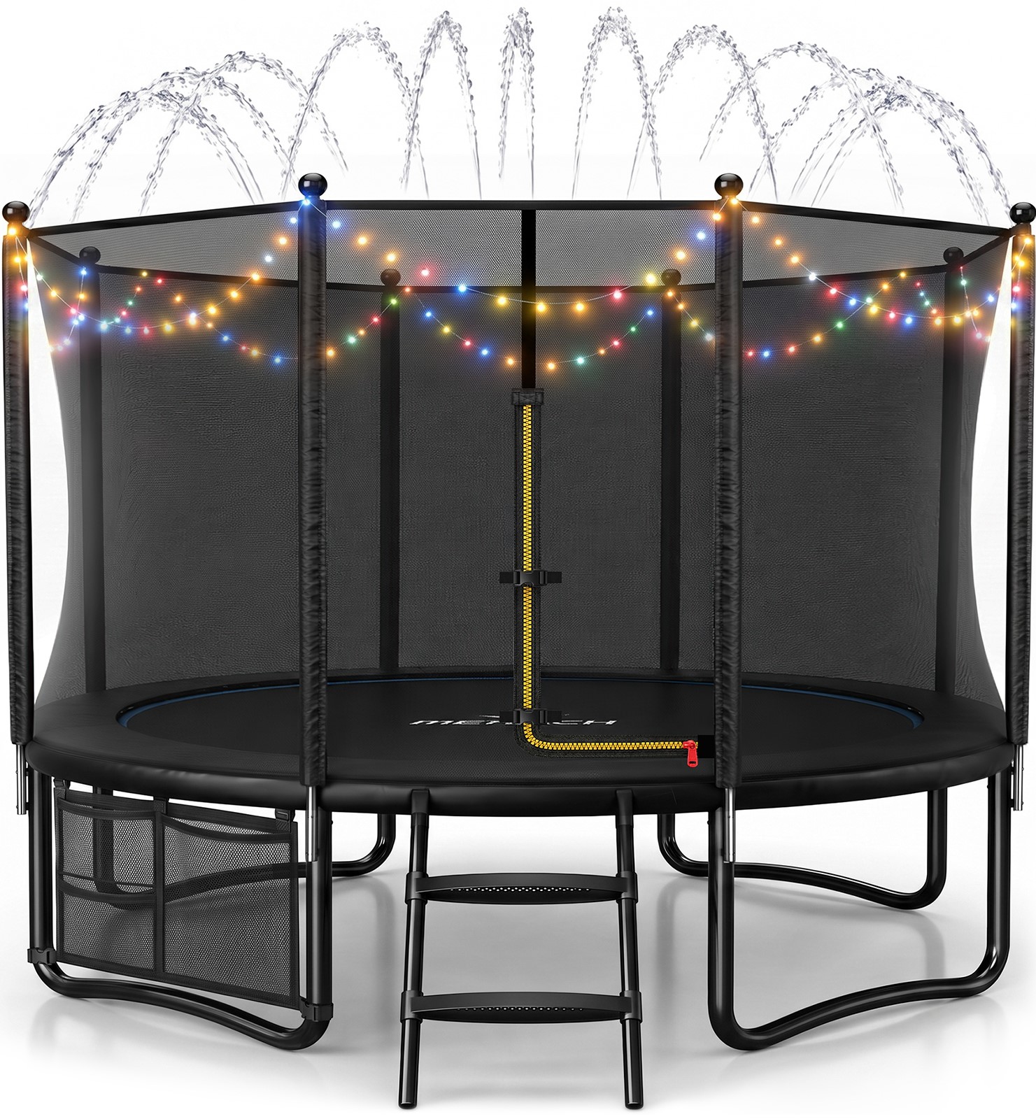 MERACH 10FT Trampoline with Enclosure for Backyard, Heavy Duty Outdoor Trampoline with Ladder, Lights & Sprinkler for Kids & Adults