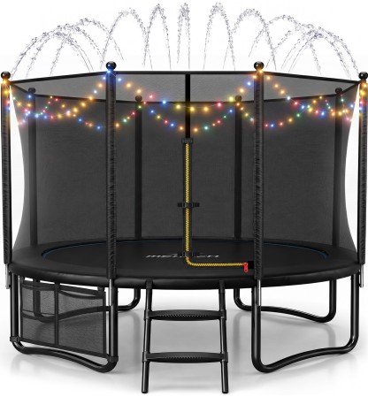 MERACH 10FT Trampoline with Enclosure for Backyard, Heavy Duty Outdoor Trampoline with Ladder, Lights & Sprinkler for Kids & Adults