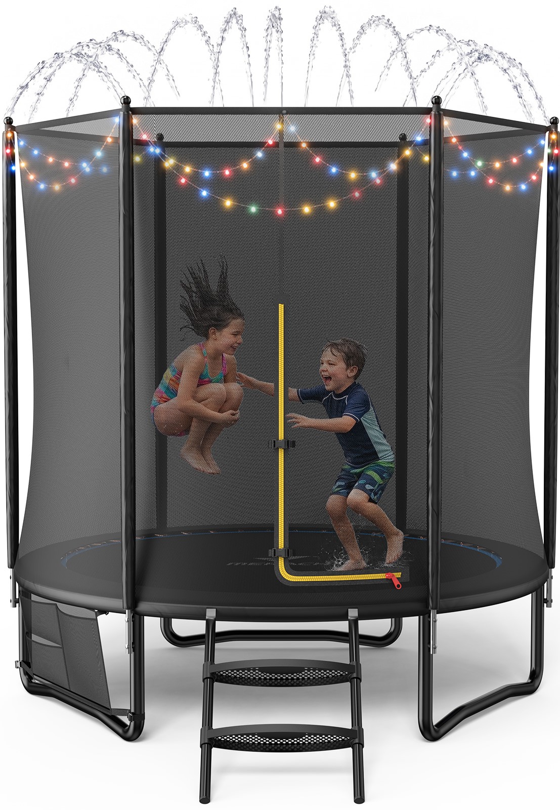 MERACH 8FT Outdoor Trampoline with Enclosure, Ladder, LED Lights & Water Sprinkler, Backyard Recreational Trampoline for Kids & Adults