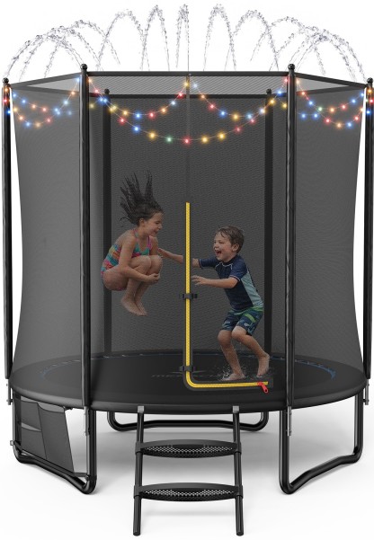 MERACH 8FT Outdoor Trampoline with Enclosure, Ladder, LED Lights & Water Sprinkler, Backyard Recreational Trampoline for Kids & Adults