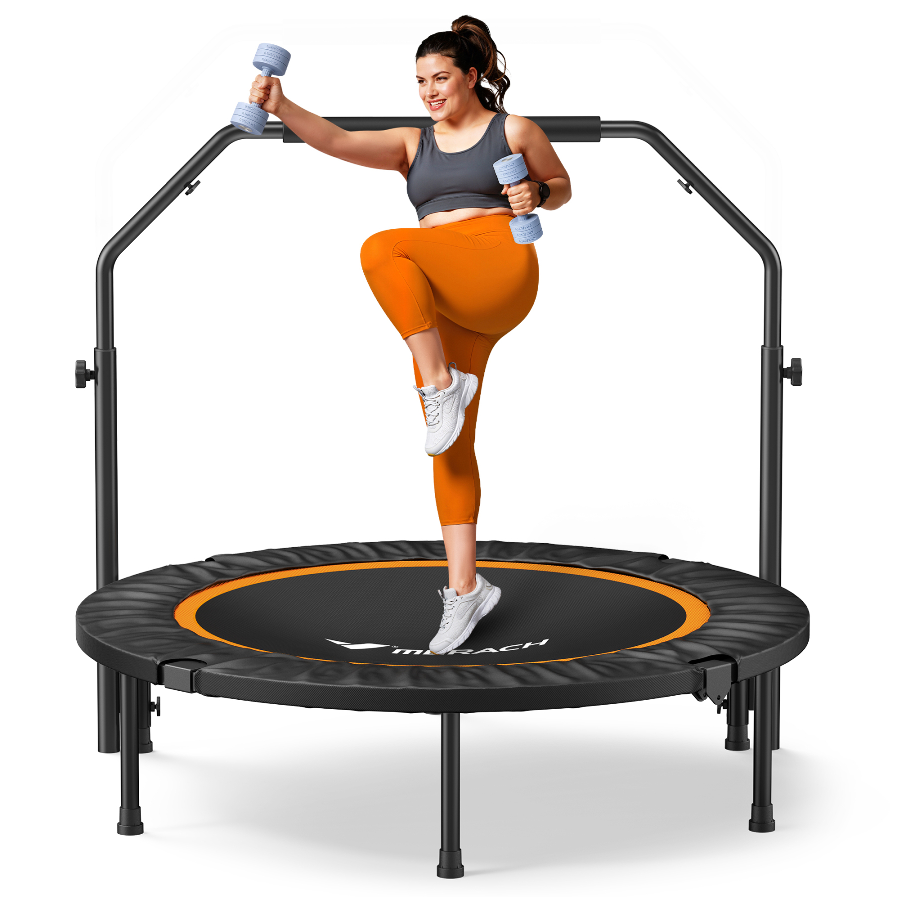 MERACH 40" Foldable Mini Trampoline, Fitness Trampoline with Bungees, C-Shape Handle, Stable & Quiet Exercise Rebounder for Kids & Adults, Indoor & Garden Workout