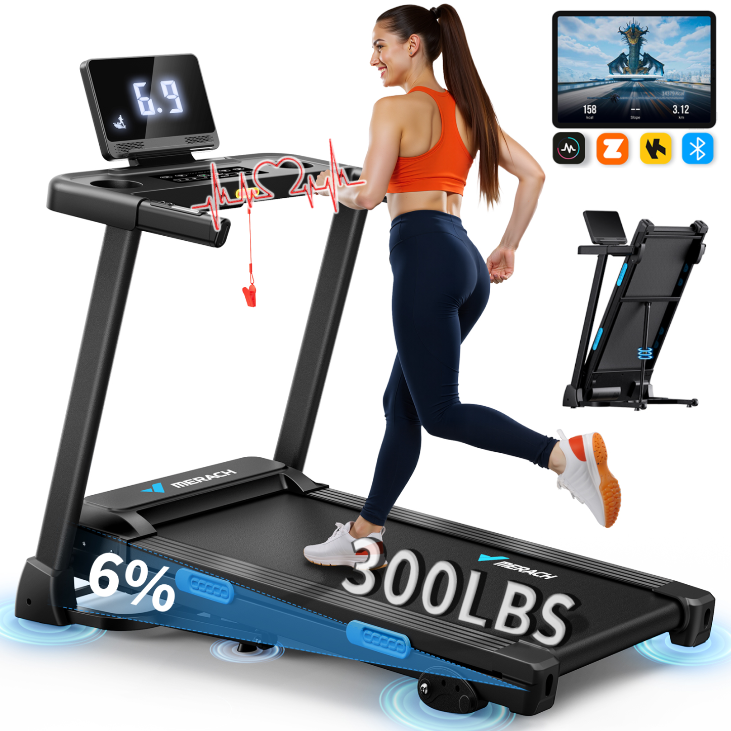 MERACH Foldable Treadmill with Incline, Treadmills for Home Foldable, 6% Incline Treadmill for Heavy People, 0.8-12km/H Walking Pad for Home & Office, Save Space Walking Treadmill, LED Display, APP
