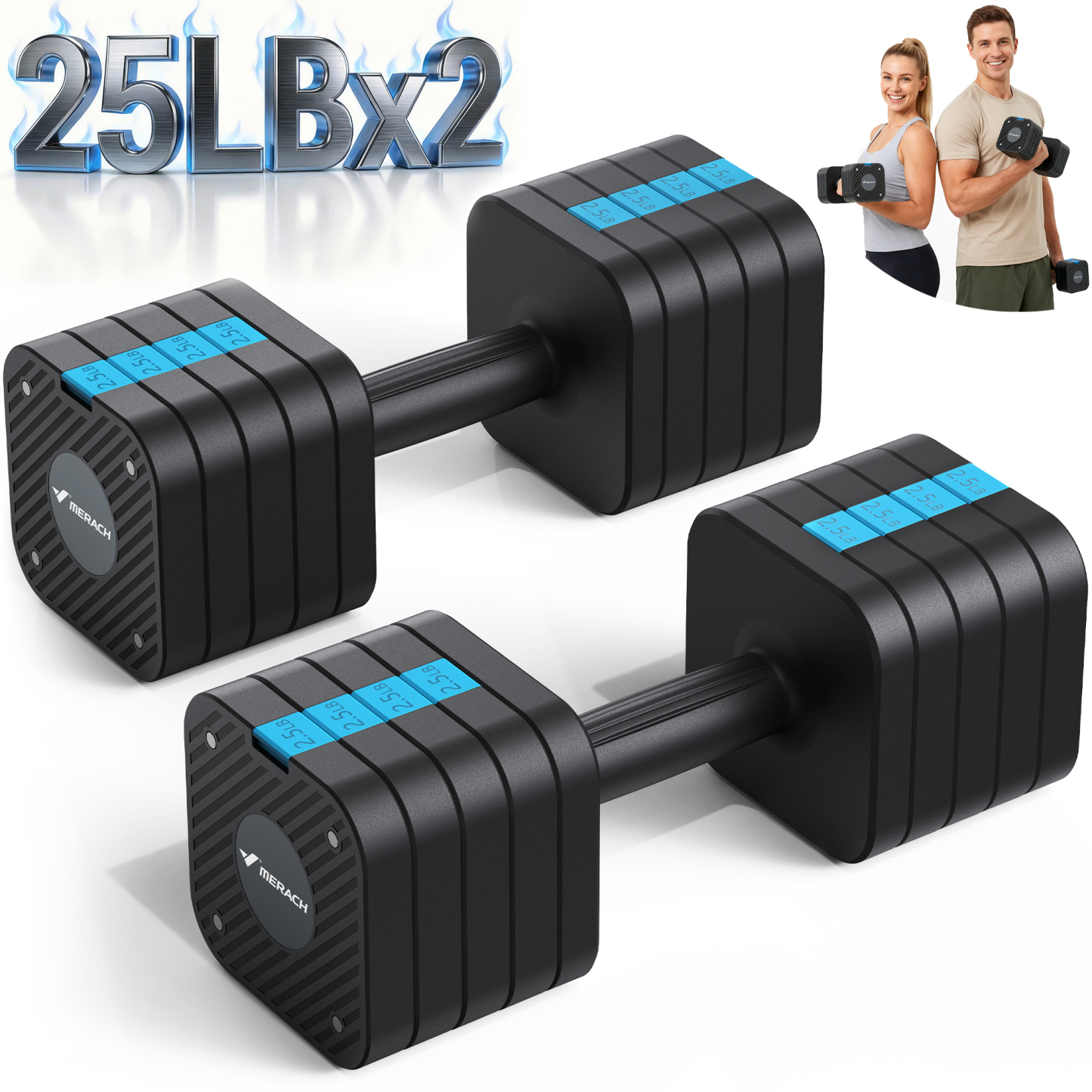 MERACH Adjustable Dumbbell Set, 5 in 1 Free Hand Weights for Home Gym, 25 lbs, Set of 2, Black&Blue