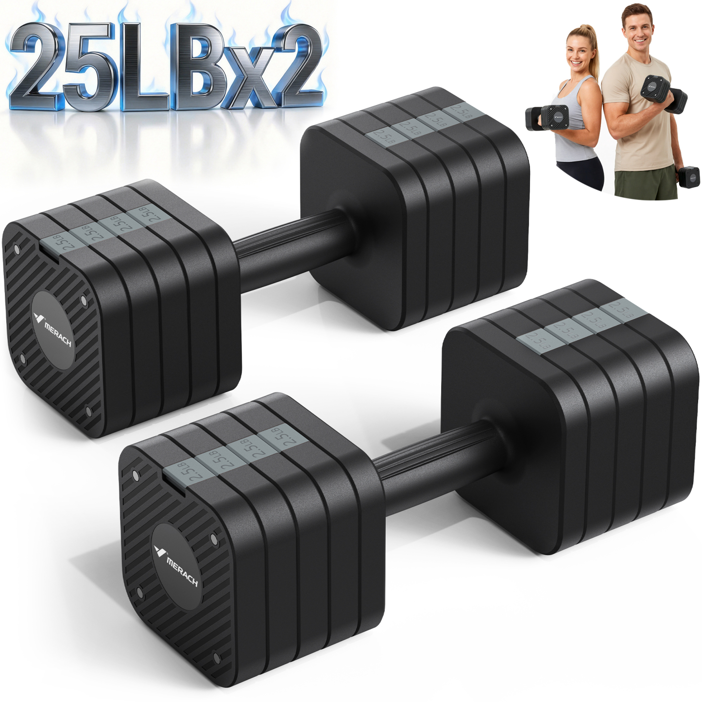MERACH 50lbs Adjustable Dumbbell Set, 5 in 1 Free Hand Weights for Home Gym, Set of 2, Black&Gray