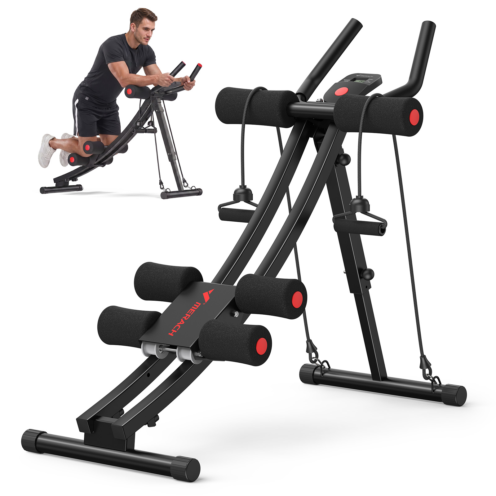 MERACH Ab Machine 4-Level Adjustable Ab Workout Equipment with LCD Display, Foldable Core Trainer for Home Gym, Black and Red