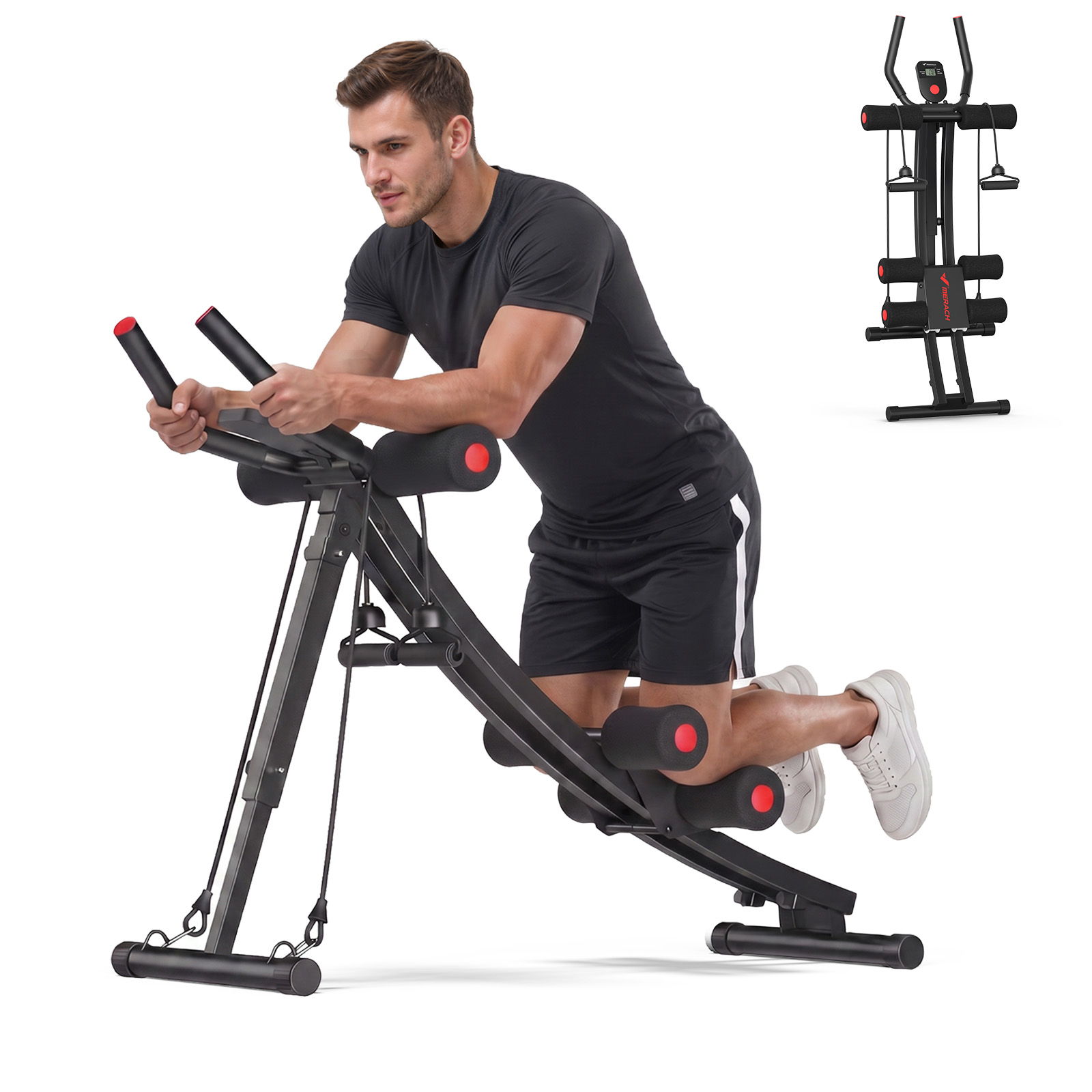 MERACH Ab Machine 4-Level Adjustable Ab Workout Equipment with LCD Display, Foldable Core Trainer for Home Gym, Black and Red