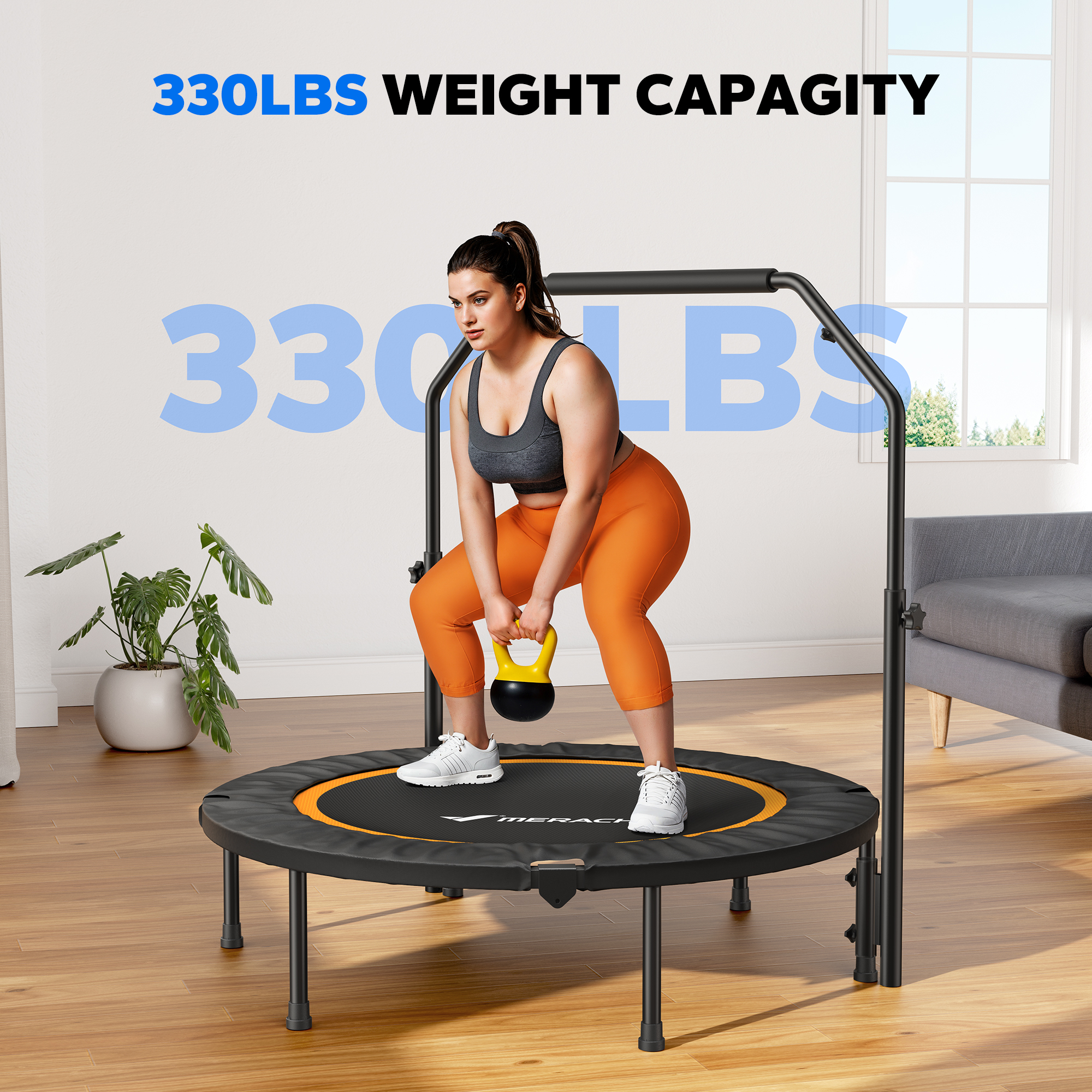 MERACH 40" Foldable Mini Trampoline, Fitness Trampoline with Bungees, C-Shape Handle, Stable & Quiet Exercise Rebounder for Kids & Adults, Indoor & Garden Workout