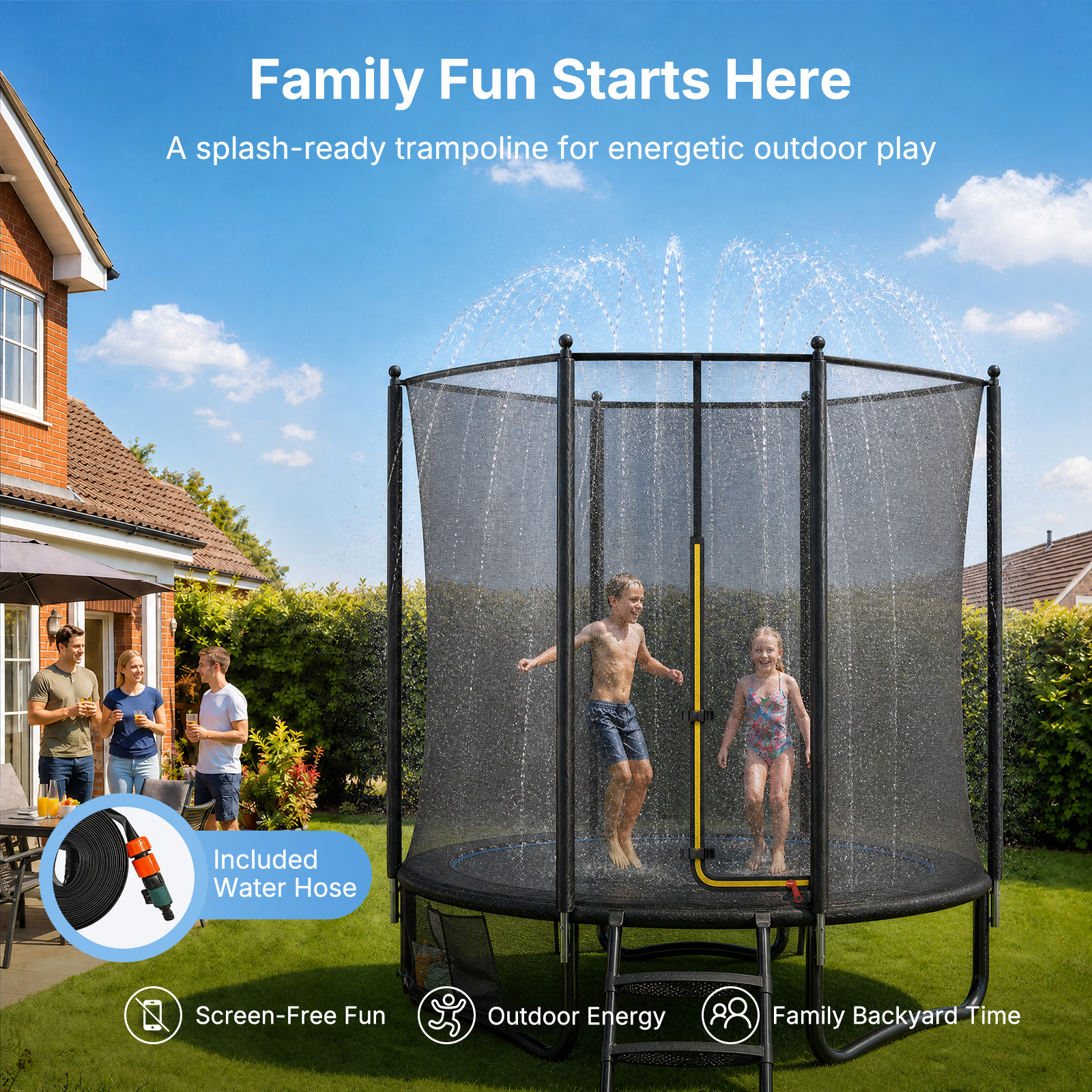 MERACH 8FT Outdoor Trampoline with Enclosure, Ladder, LED Lights & Water Sprinkler, Backyard Recreational Trampoline for Kids & Adults