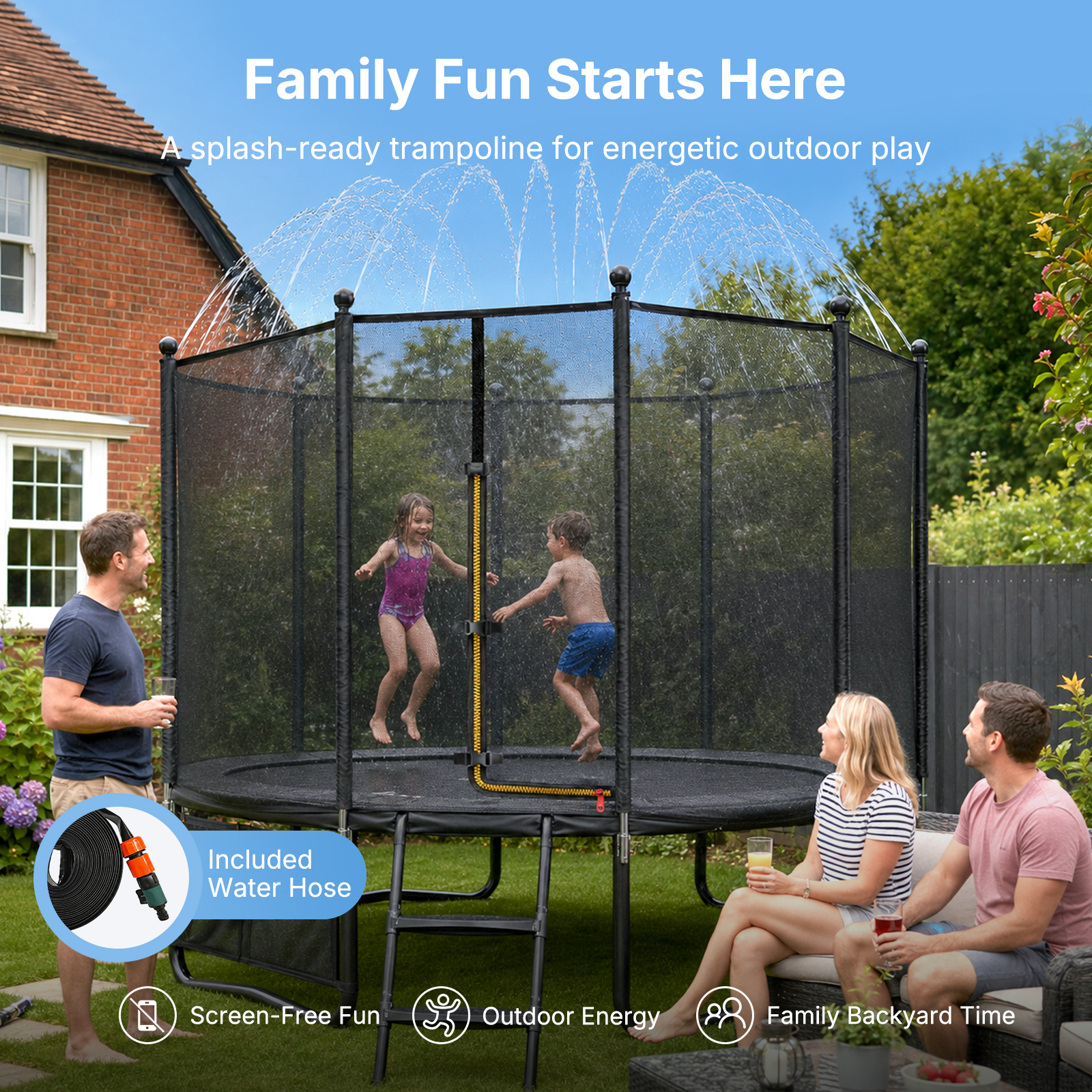 MERACH 10FT Trampoline with Enclosure for Backyard, Heavy Duty Outdoor Trampoline with Ladder, Lights & Sprinkler for Kids & Adults