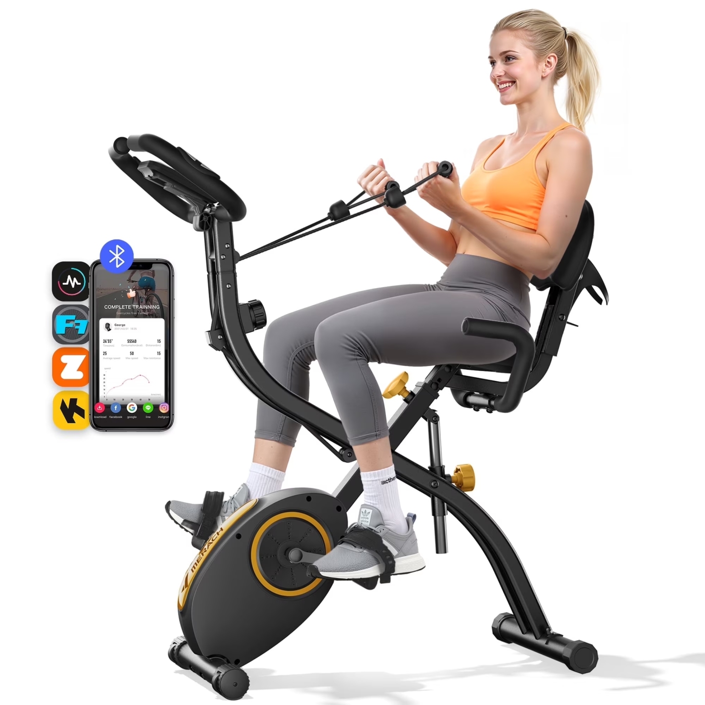 MERACH Folding Exercise Bike, 4 in 1 Magnetic Upright Bike with 16 Levels of Resistance for Home Indoor Cardio Workout Max Weight 300 lbs
