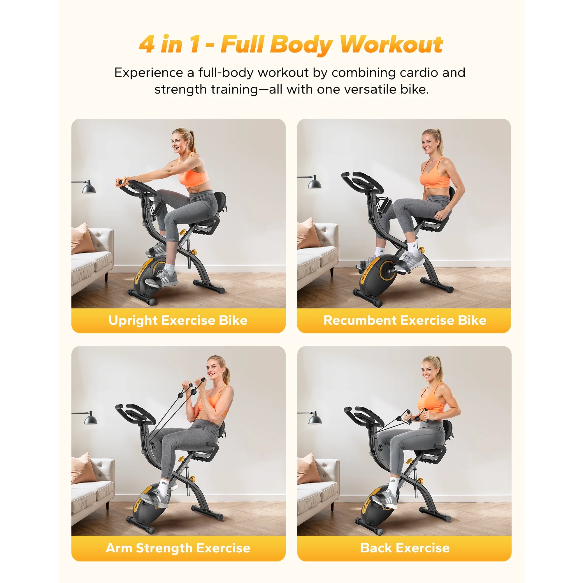 MERACH Folding Exercise Bike, 4 in 1 Magnetic Upright Bike with 16 Levels of Resistance for Home Indoor Cardio Workout Max Weight 300 lbs