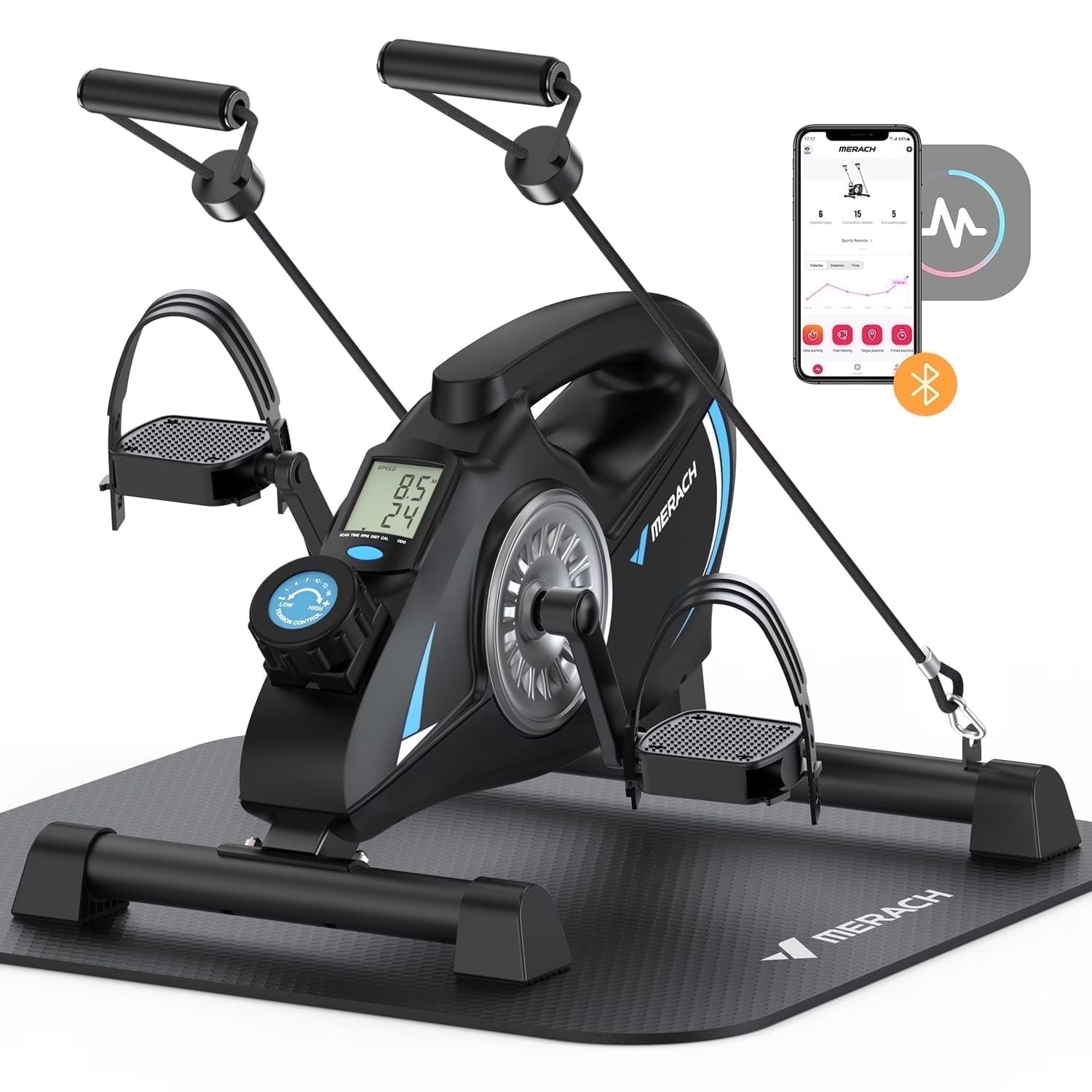 MERACH Under Desk Bike Pedal Exerciser Indoor Silent Elliptical Machine for Legs and Arms Mini Foot Pedal Exercise Bike with Free App,Non-Slip Mat,2 Resistance Bands