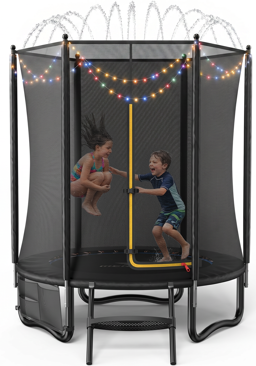 MERACH 6FT Trampoline for Kids with Enclosure, Ladder, Lights & Sprinkler, Outdoor Mini Trampoline for Small Backyard