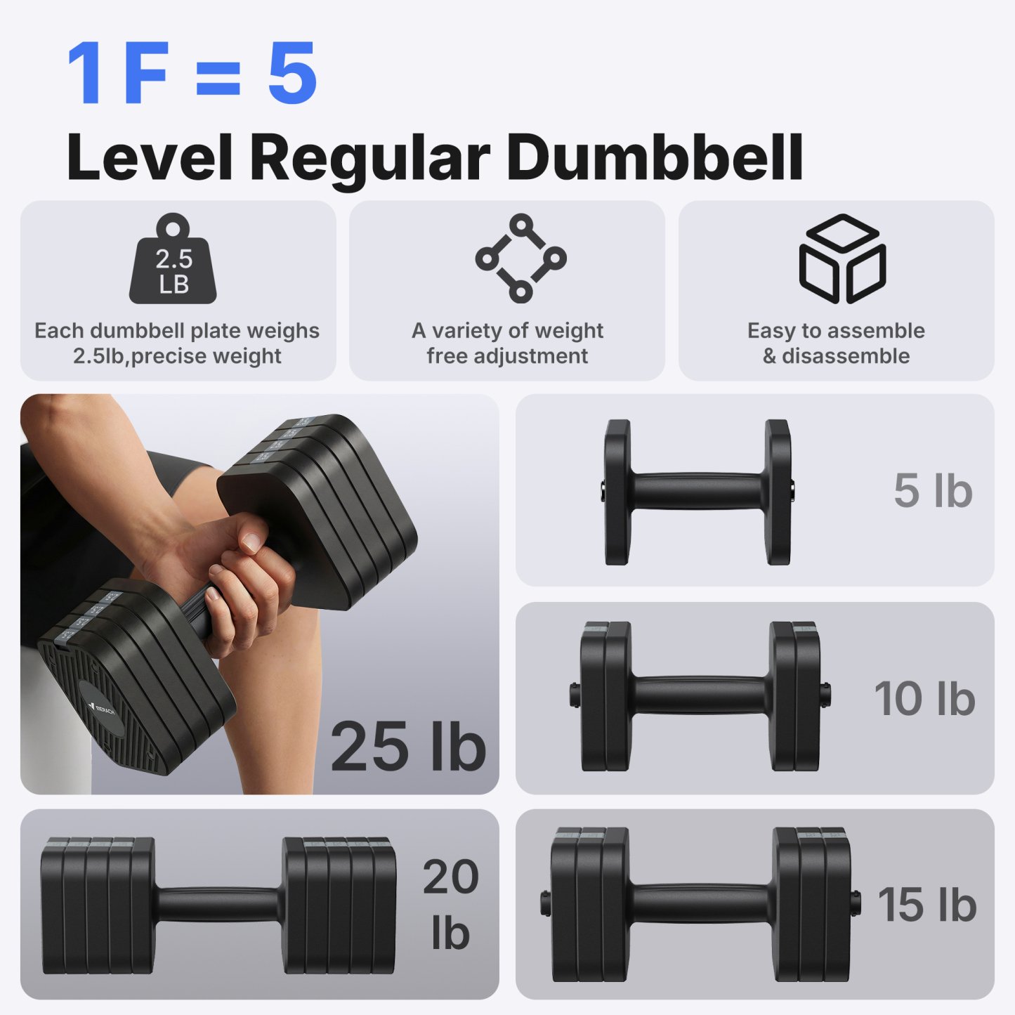 MERACH 50lbs Adjustable Dumbbell Set, 5 in 1 Free Hand Weights for Home Gym, Set of 2, Black&Gray