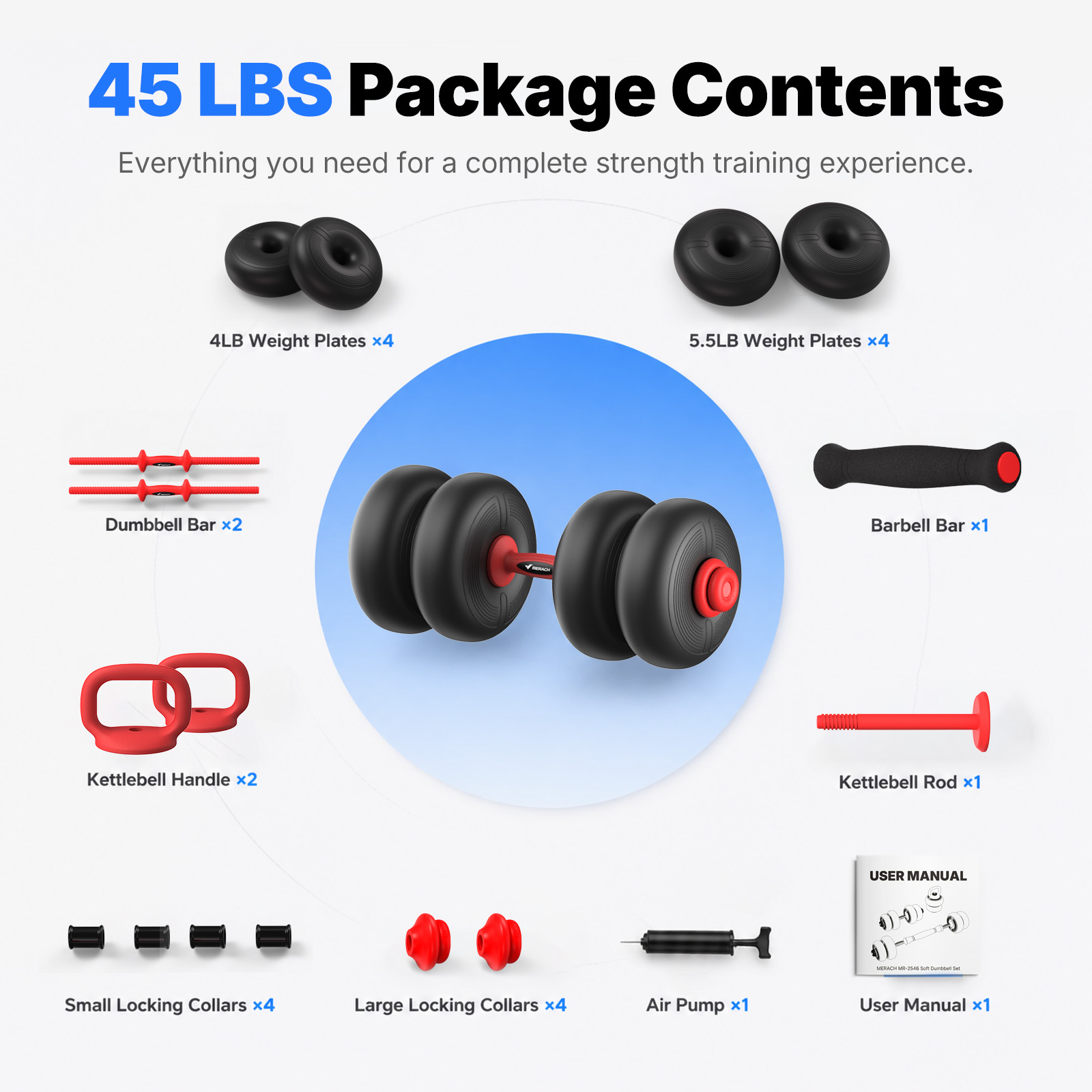 MERACH Adjustable Soft Dumbbell Set, Kettlebells and Barbell Weight Set for Home Gym, 45lbs