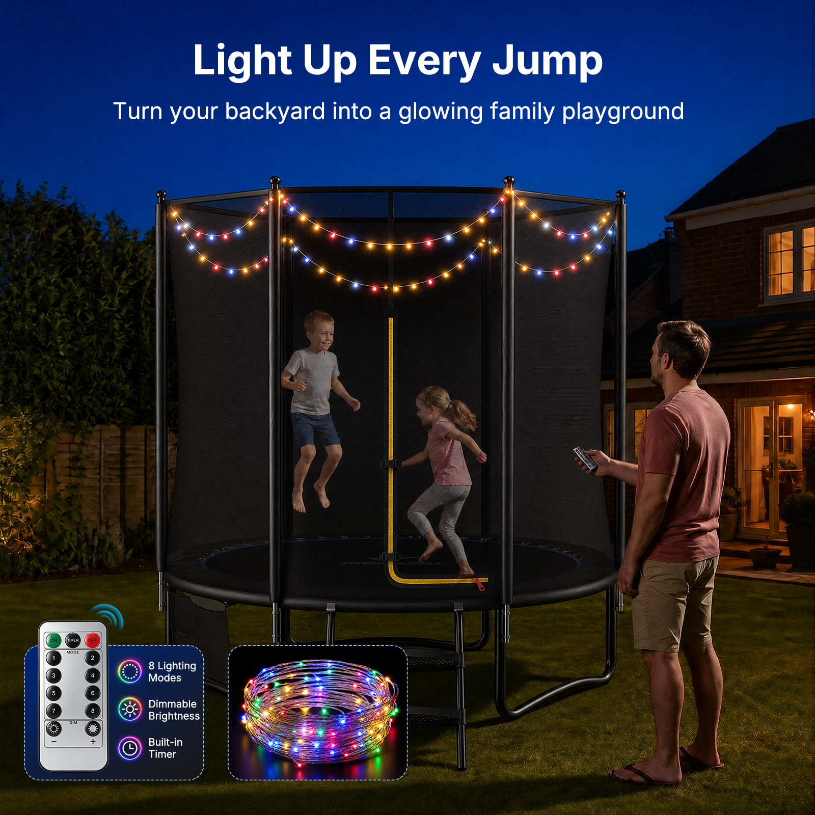 MERACH 8FT Outdoor Trampoline with Enclosure, Ladder, LED Lights & Water Sprinkler, Backyard Recreational Trampoline for Kids & Adults