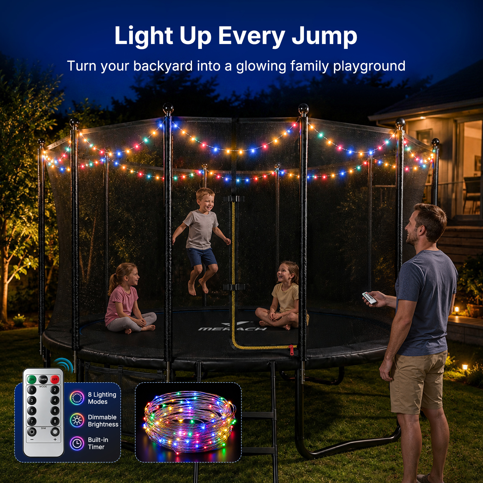 MERACH 10FT Trampoline with Enclosure for Backyard, Heavy Duty Outdoor Trampoline with Ladder, Lights & Sprinkler for Kids & Adults