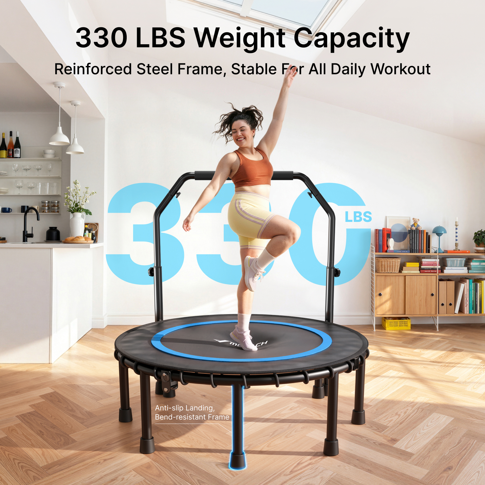 MERACH 48" Mini Trampoline with Bar, Fitness Rebounder with Bungees for Adults, 440 lbs Capacity