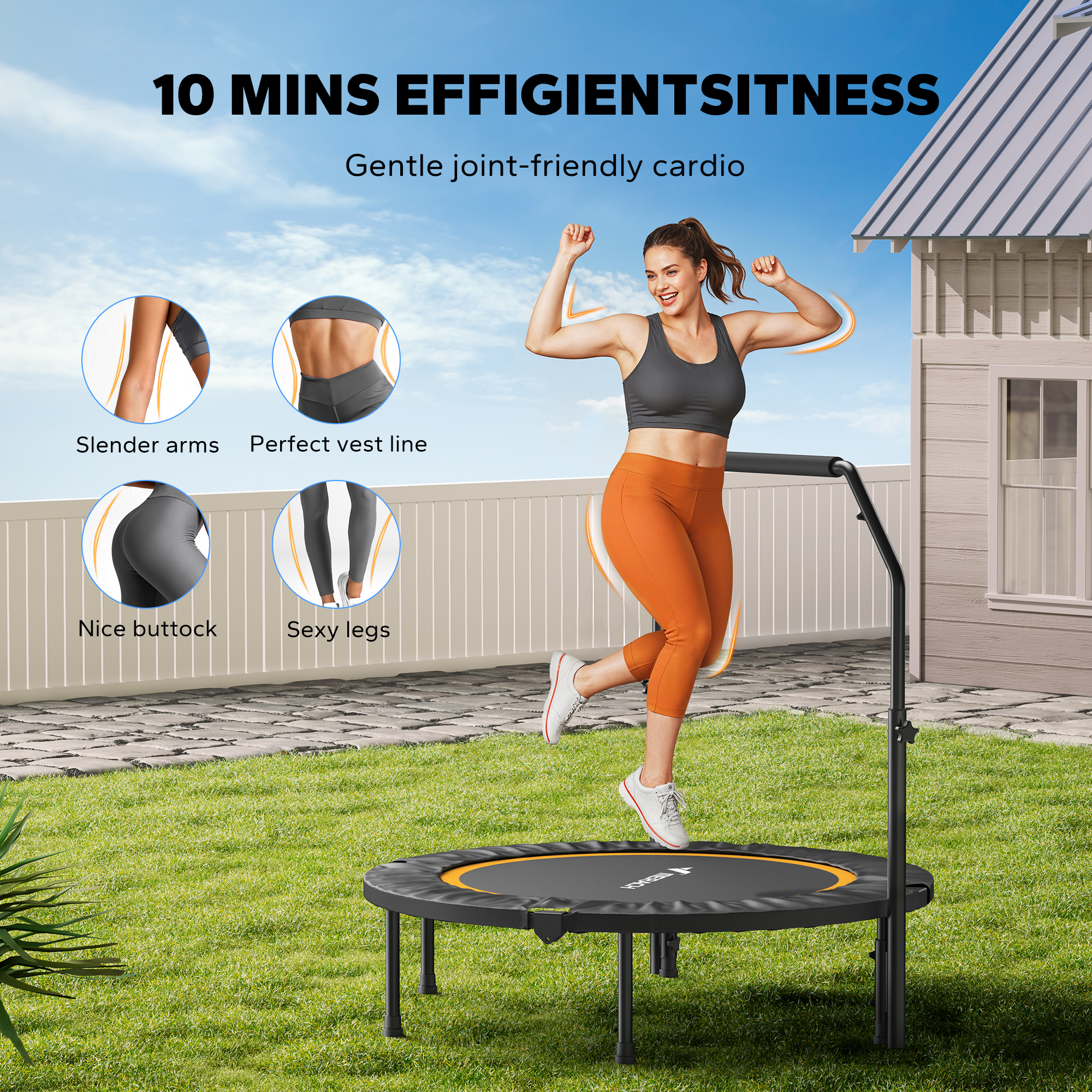 MERACH 40" Foldable Mini Trampoline, Fitness Trampoline with Bungees, C-Shape Handle, Stable & Quiet Exercise Rebounder for Kids & Adults, Indoor & Garden Workout