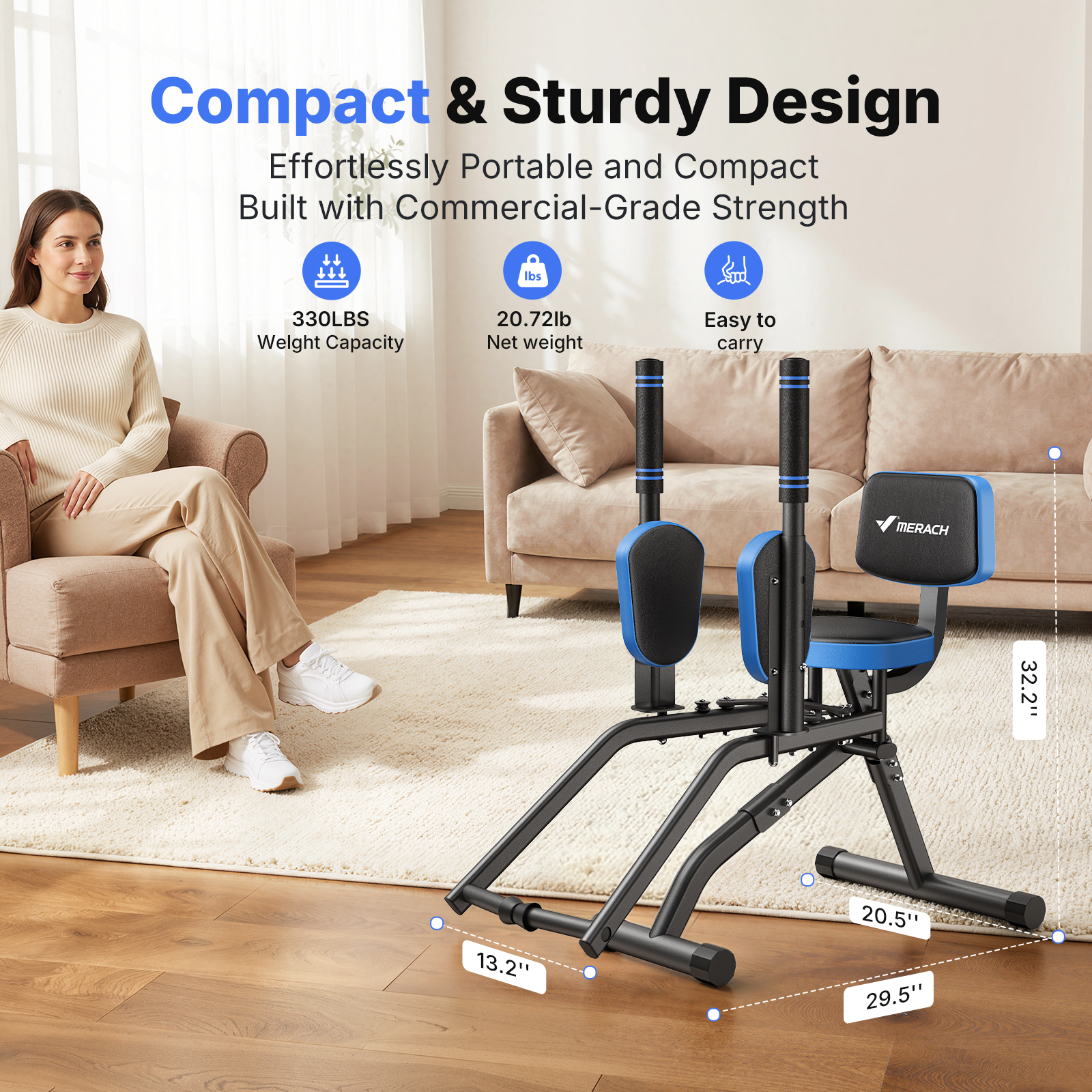 MERACH Hip Abductor Machine, Glute & Leg Workout Equipment Trainer for Home Gym, 330lbs Weight Capacity, Black & Blue