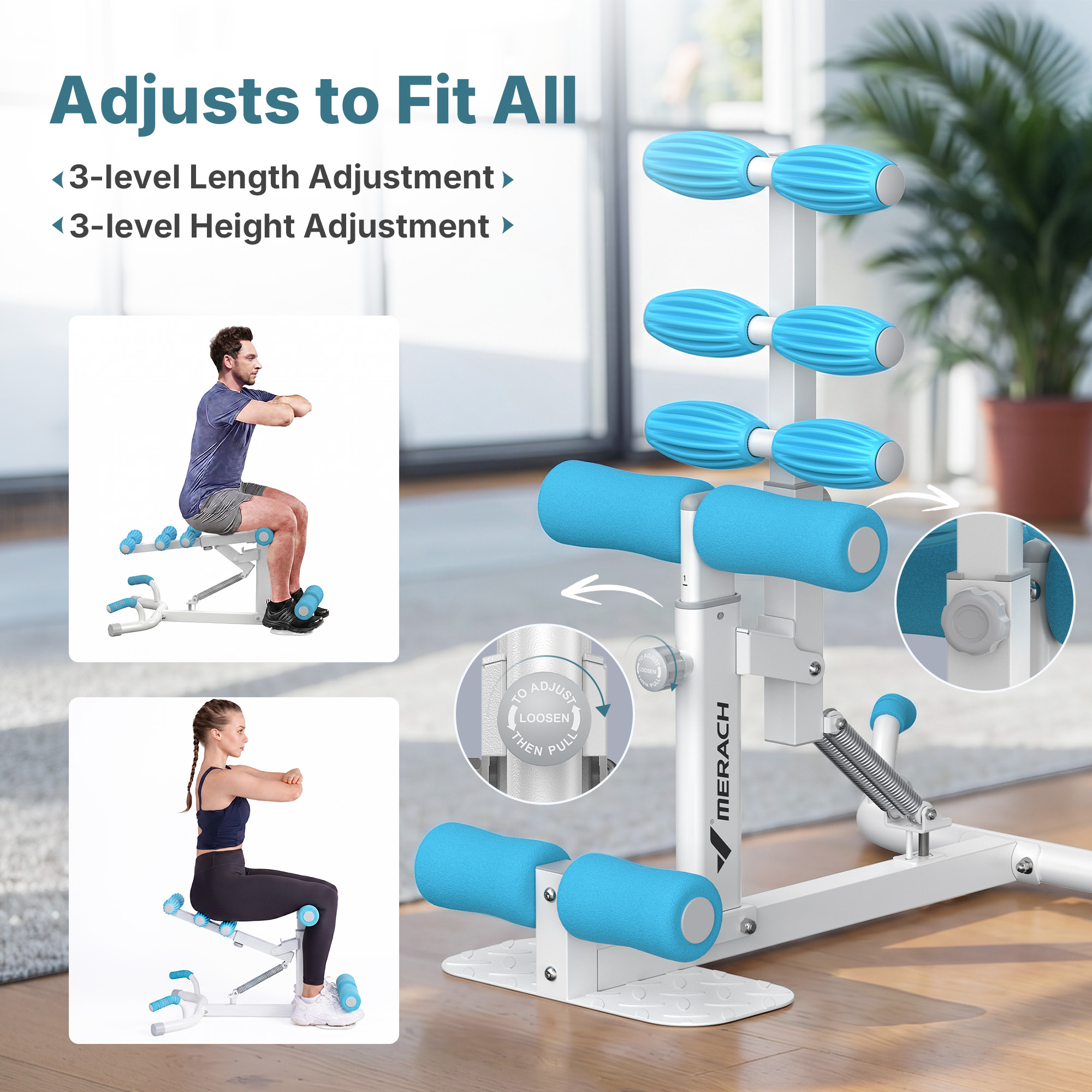 MERACH 350lbs Capacity Deep Squat Machine for Glutes Workout, Adjustable Glutes Trainer for Home Gym, White&Blue