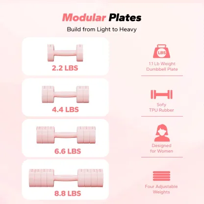 MERACH 4-in-1 Adjustable Dumbbells, 2-Pack, Each 2.2/4.4/6.6/8.8 lbs, Hand Weights for Women, for Home Fitness Training, Pink