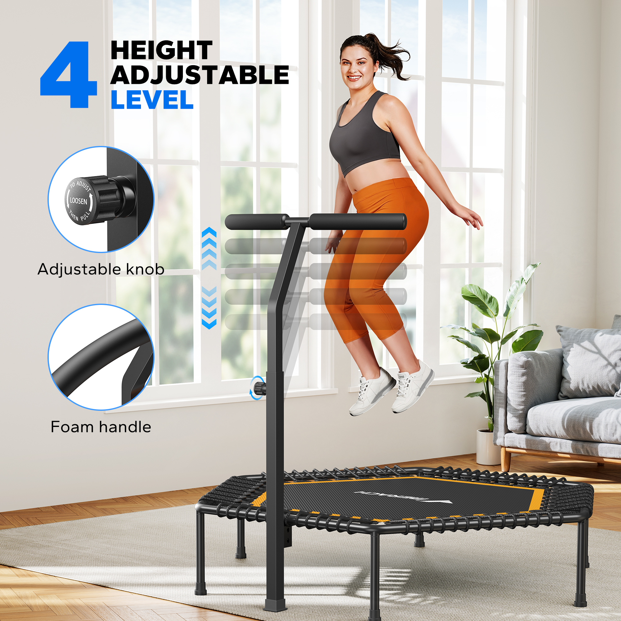 MERACH 48" Foldable Mini Trampoline, Fitness Trampoline with Bungees, T Shape Adjustable Foam Handle, Stable & Quiet Exercise Rebounder for Kids & Adults, Indoor & Garden Workout