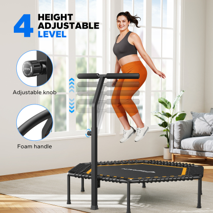 MERACH 48" Foldable Mini Trampoline, Fitness Trampoline with Bungees, T Shape Adjustable Foam Handle, Stable & Quiet Exercise Rebounder for Kids & Adults, Indoor & Garden Workout