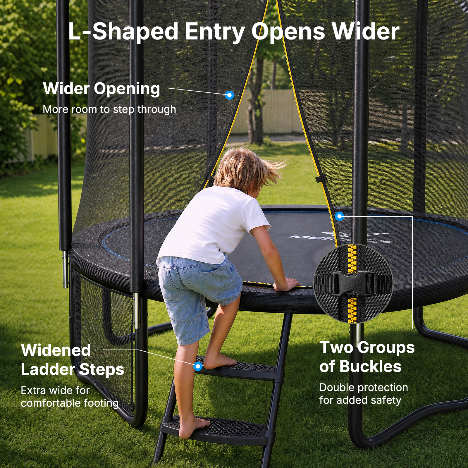 MERACH 8FT Outdoor Trampoline with Enclosure, Ladder, LED Lights & Water Sprinkler, Backyard Recreational Trampoline for Kids & Adults