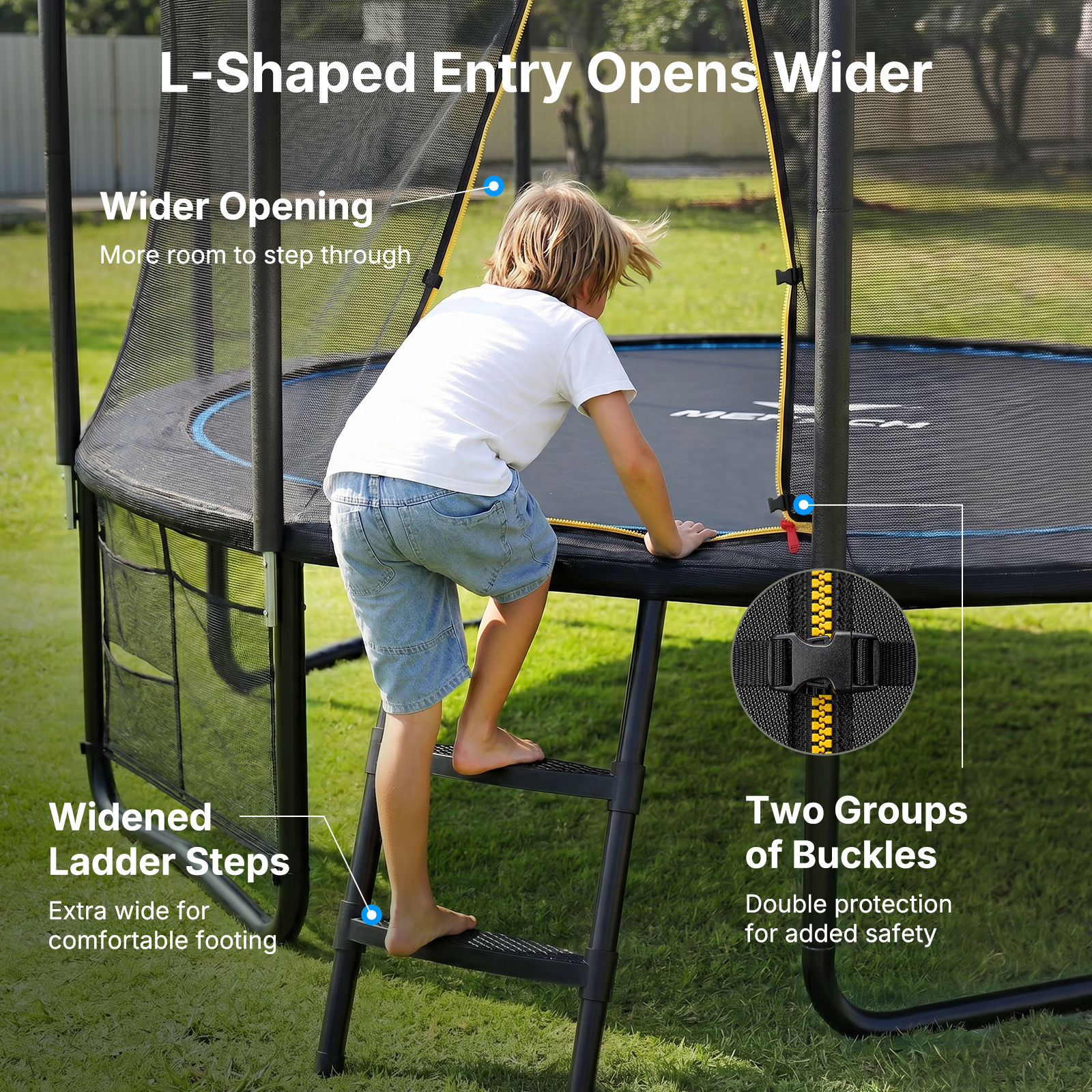 MERACH 10FT Trampoline with Enclosure for Backyard, Heavy Duty Outdoor Trampoline with Ladder, Lights & Sprinkler for Kids & Adults