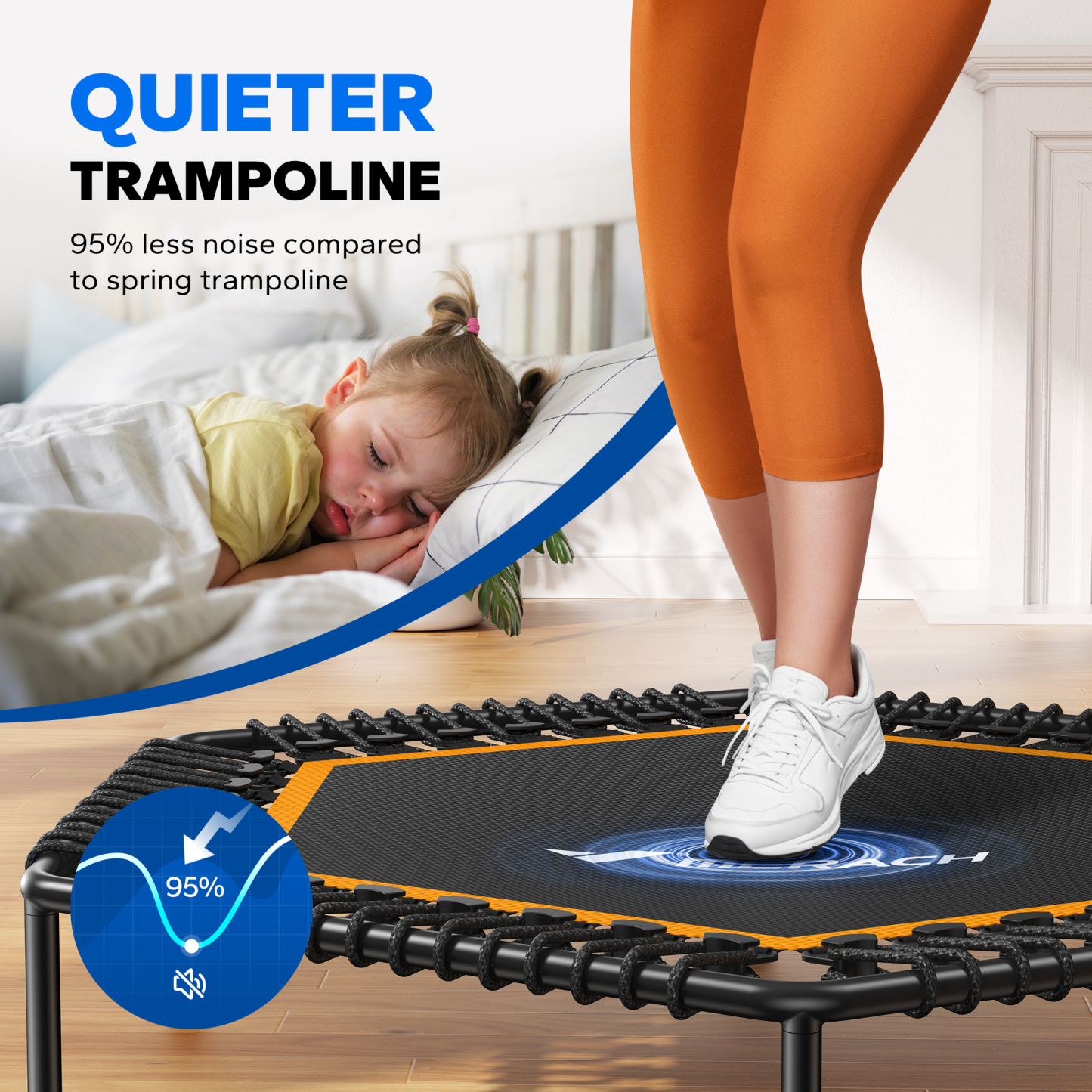 MERACH 48" Foldable Mini Trampoline, Fitness Trampoline with Bungees, T Shape Adjustable Foam Handle, Stable & Quiet Exercise Rebounder for Kids & Adults, Indoor & Garden Workout