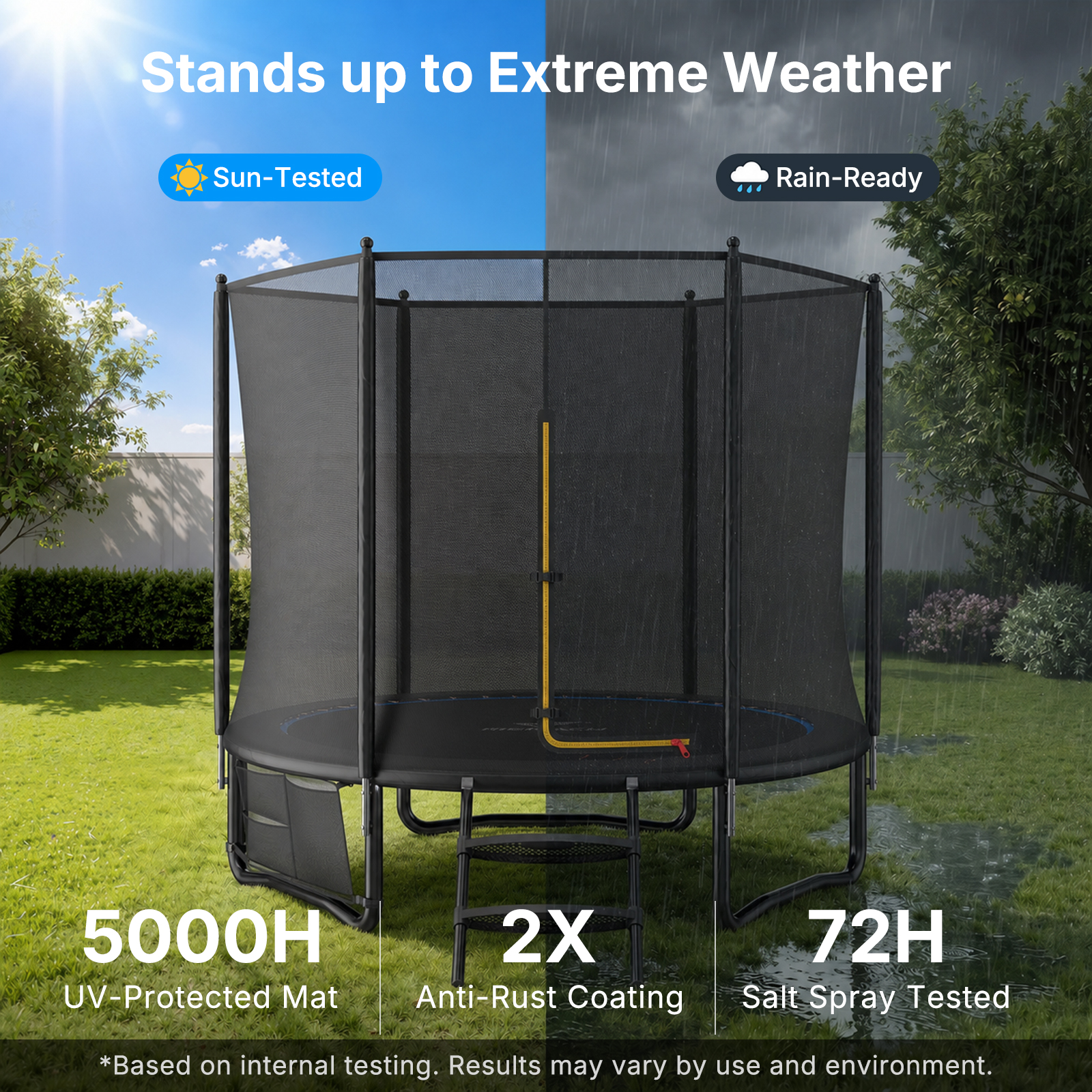 MERACH 8FT Outdoor Trampoline with Enclosure, Ladder, LED Lights & Water Sprinkler, Backyard Recreational Trampoline for Kids & Adults