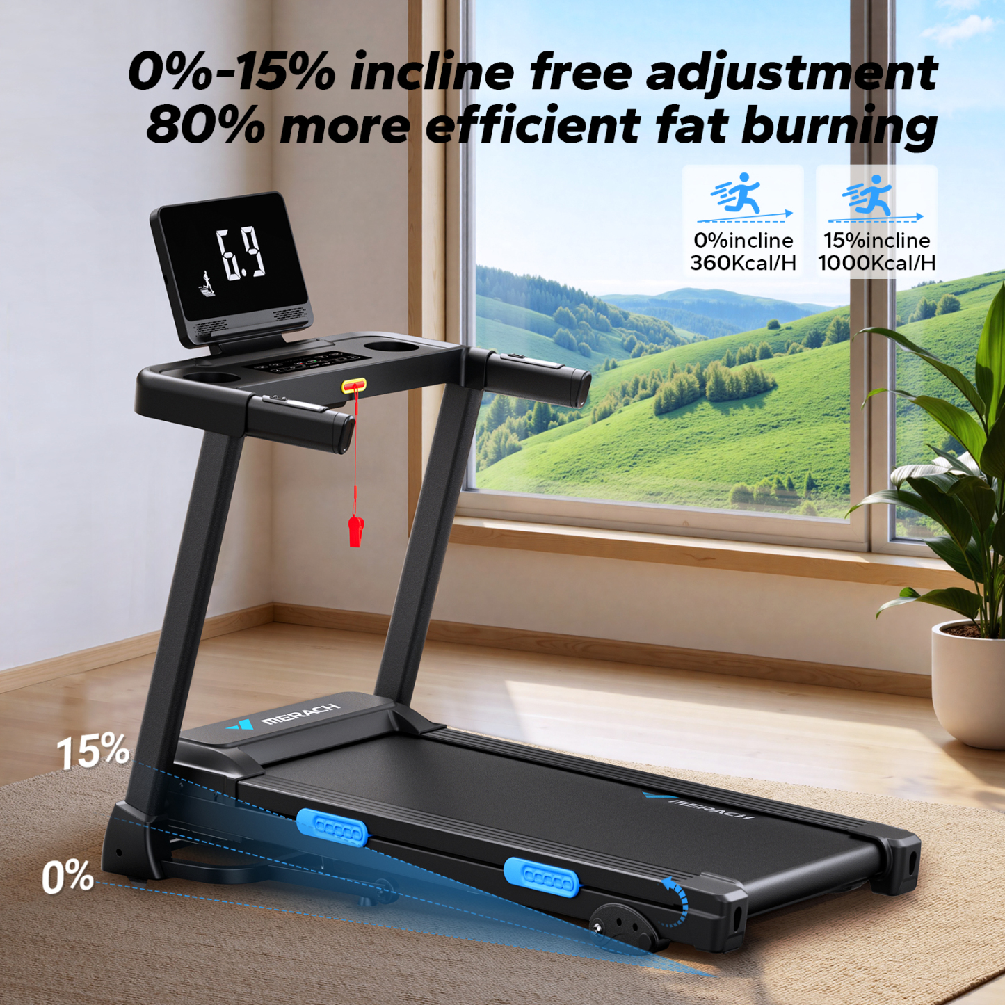 MERACH Folding Treadmill with 15% Auto Incline, Fitness Treadmill for Home with APP, 300 lbs Capacity