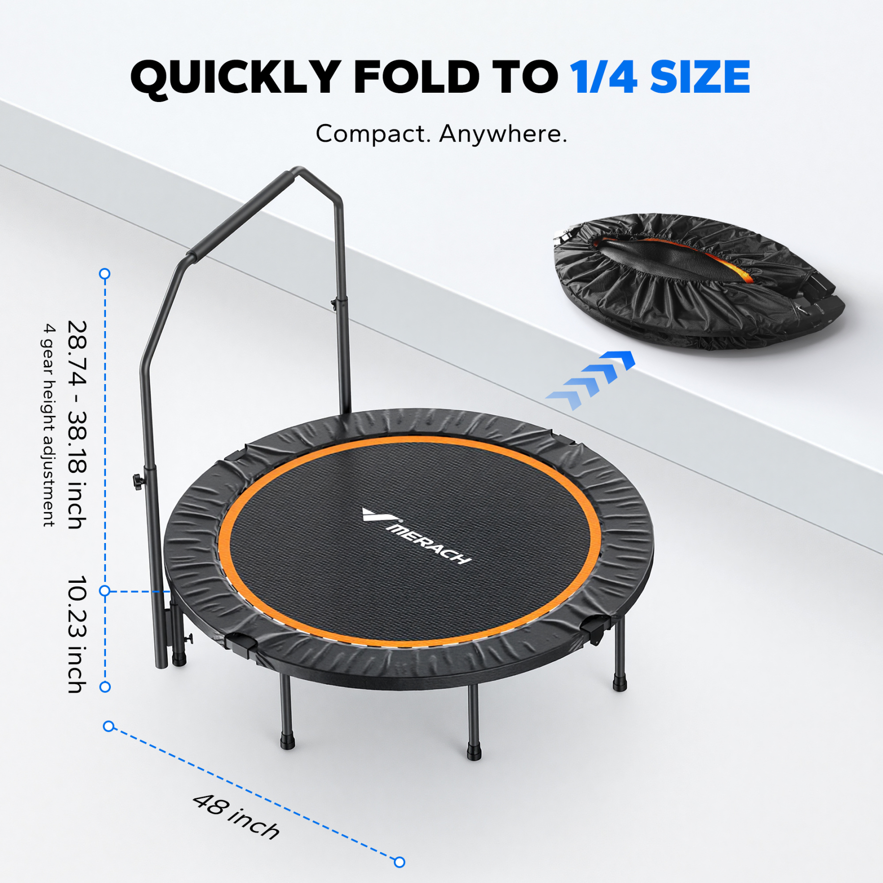 MERACH 48" Mini Trampoline with Handle, Foldable Fitness Rebounder for Adults and Kids, 450 lbs Capacity