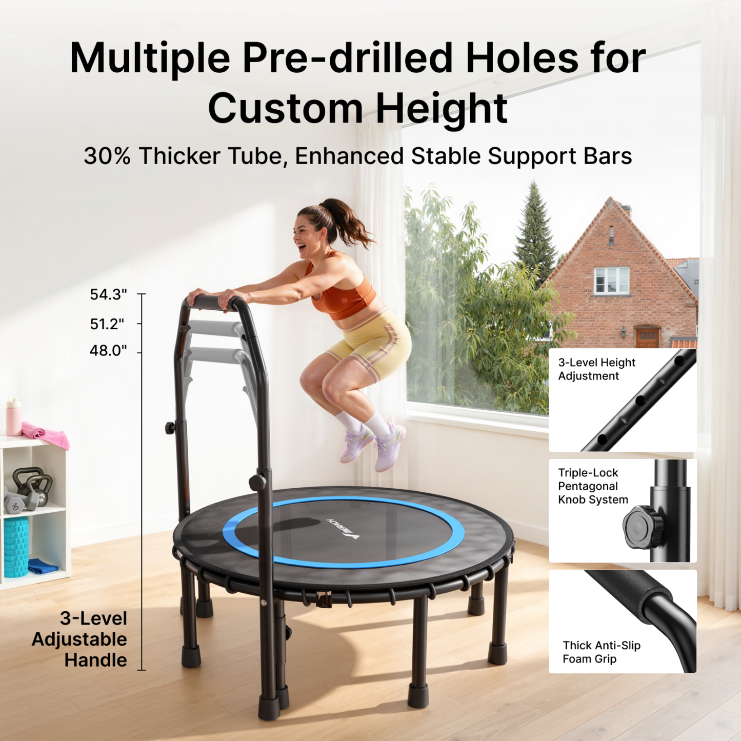 MERACH 48" Mini Trampoline with Bar, Fitness Rebounder with Bungees for Adults, 440 lbs Capacity