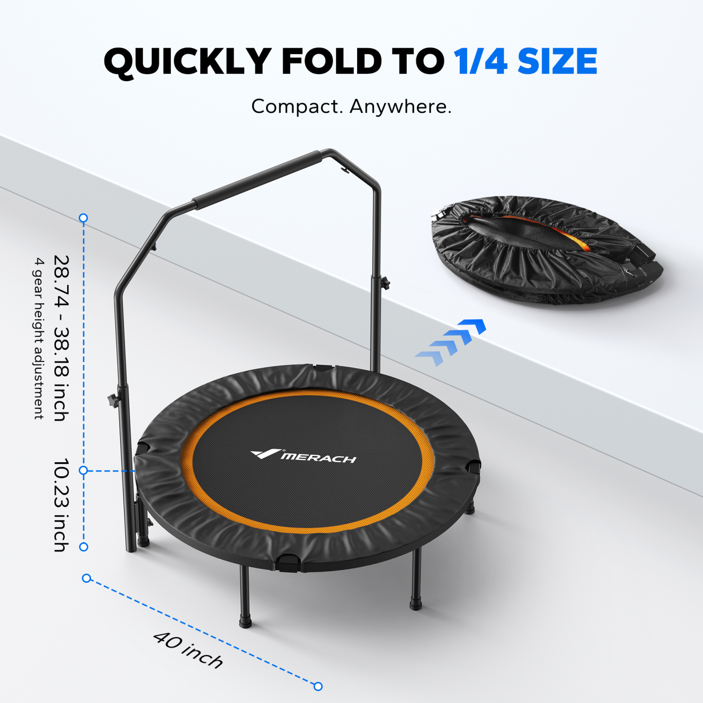 MERACH 40" Foldable Mini Trampoline, Fitness Trampoline with Bungees, C-Shape Handle, Stable & Quiet Exercise Rebounder for Kids & Adults, Indoor & Garden Workout