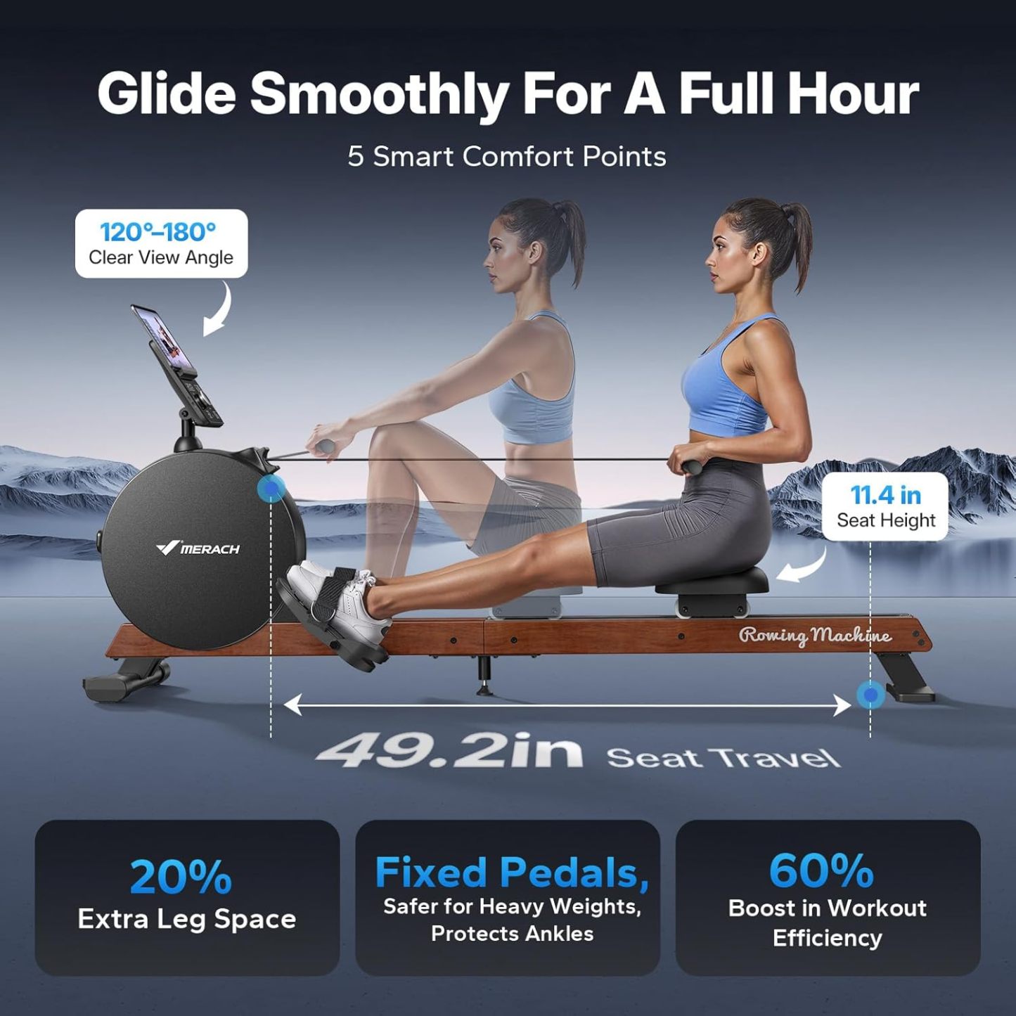 MERACH Magnetic Rowing Machine 400lbs, Self-Powered with Phone Charging, 130lbs Resistance, Quiet Home Rowing Machine with App Connectivity