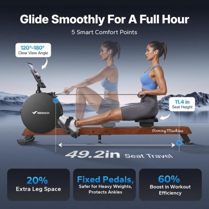 MERACH Magnetic Rowing Machine 400lbs, Self-Powered with Phone Charging, 130lbs Resistance, Quiet Home Rowing Machine with App Connectivity