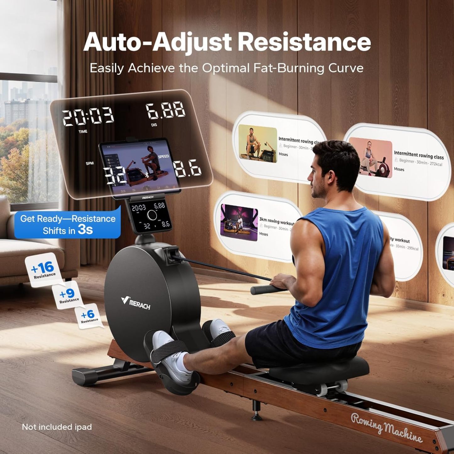 MERACH Magnetic Rowing Machine 400lbs, Self-Powered with Phone Charging, 130lbs Resistance, Quiet Home Rowing Machine with App Connectivity