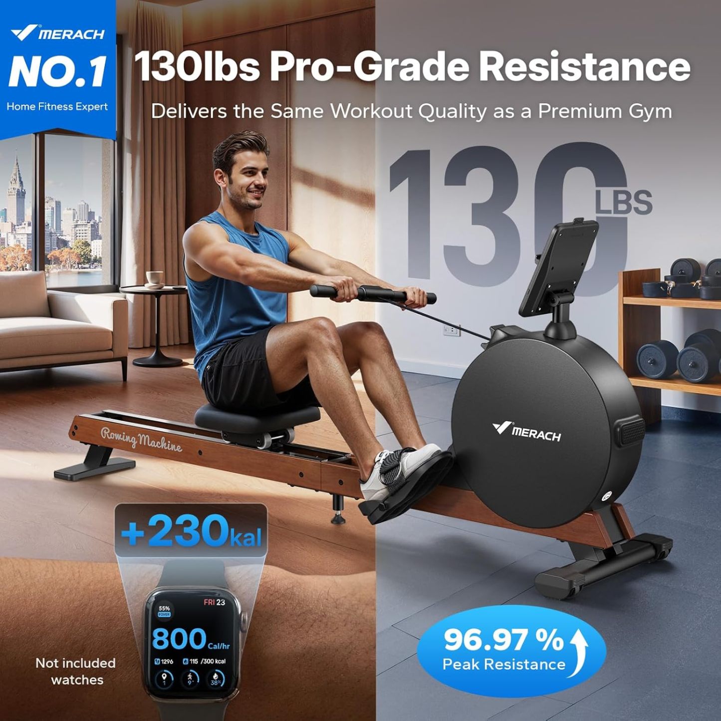 MERACH Magnetic Rowing Machine 400lbs, Self-Powered with Phone Charging, 130lbs Resistance, Quiet Home Rowing Machine with App Connectivity