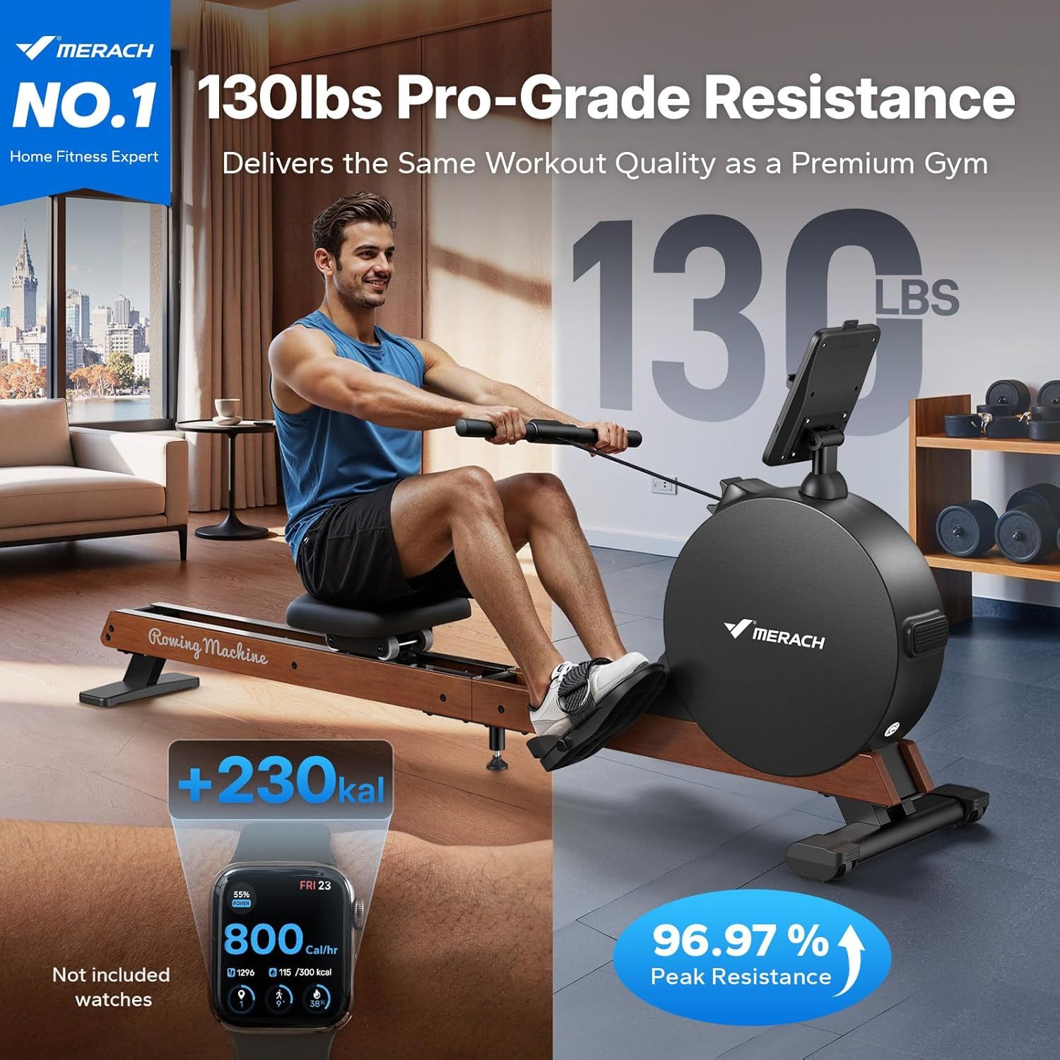 MERACH Magnetic Rowing Machine 400lbs, Self-Powered with Phone Charging, 130lbs Resistance, Quiet Home Rowing Machine with App Connectivity