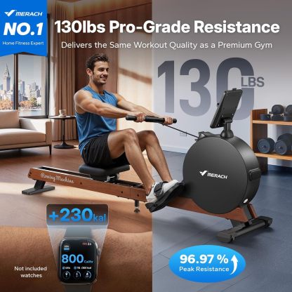 MERACH Magnetic Rowing Machine 400lbs, Self-Powered with Phone Charging, 130lbs Resistance, Quiet Home Rowing Machine with App Connectivity
