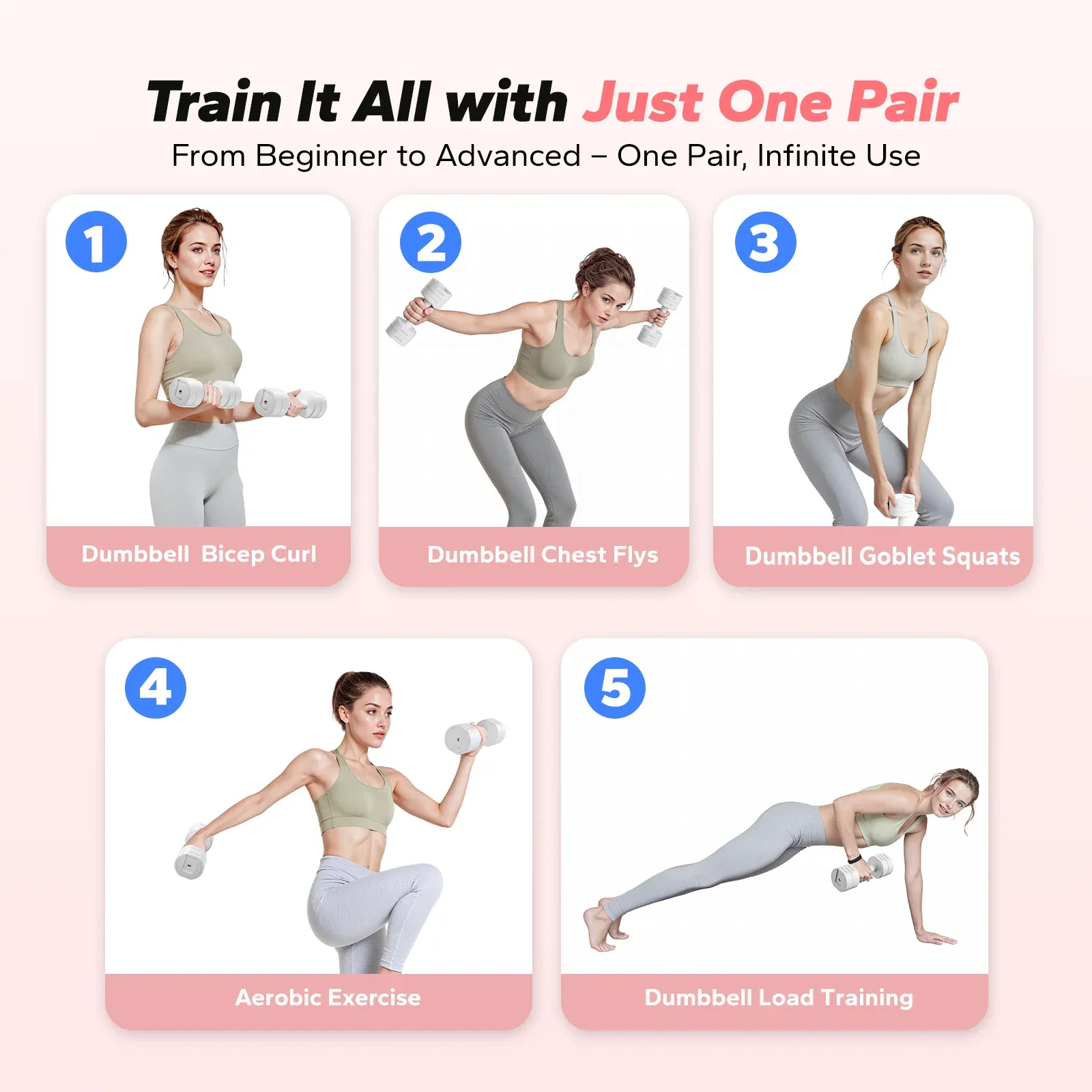 MERACH 4-in-1 Adjustable Dumbbells, 2-Pack, Each 2.2/4.4/6.6/8.8 lbs, Hand Weights for Women, for Home Fitness Training, White