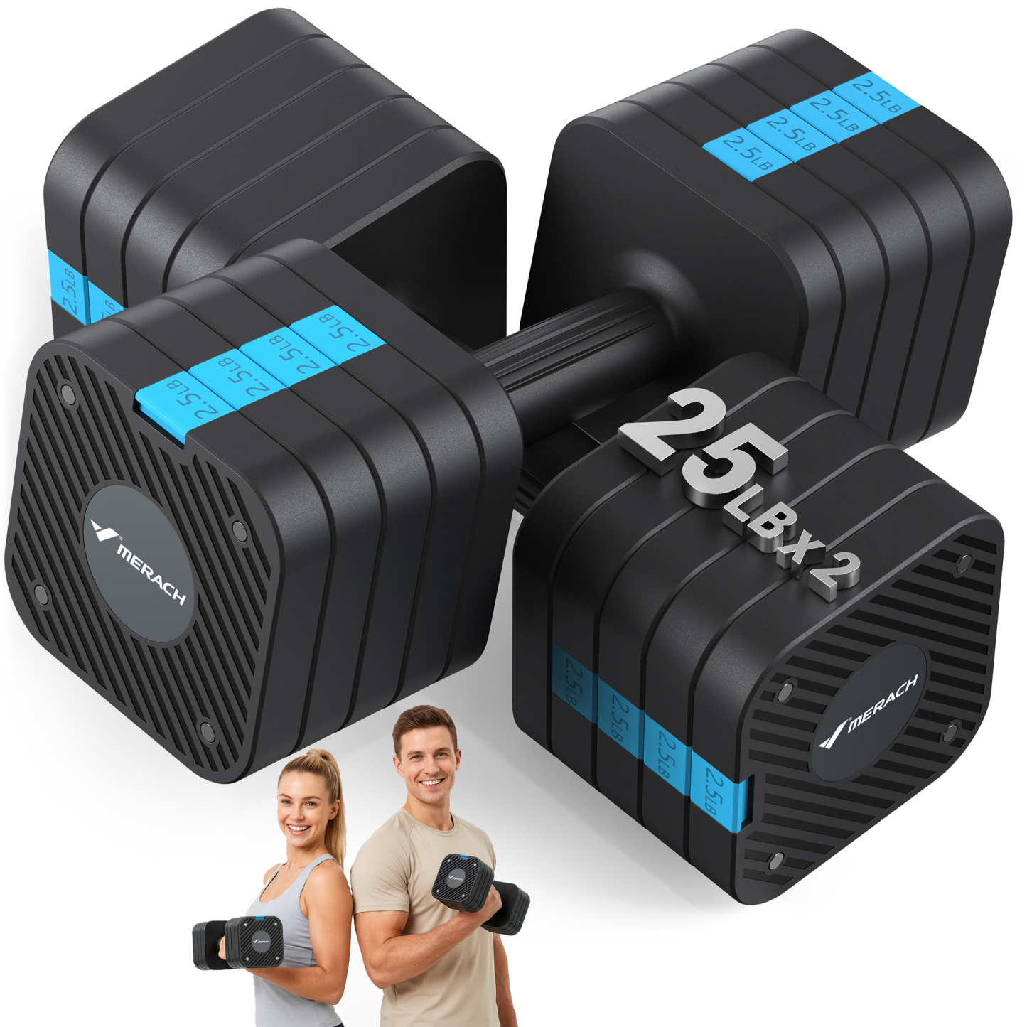 MERACH Adjustable Dumbbell Set, 5 in 1 Free Hand Weights for Home Gym, 25 lbs, Set of 2, Black&Blue