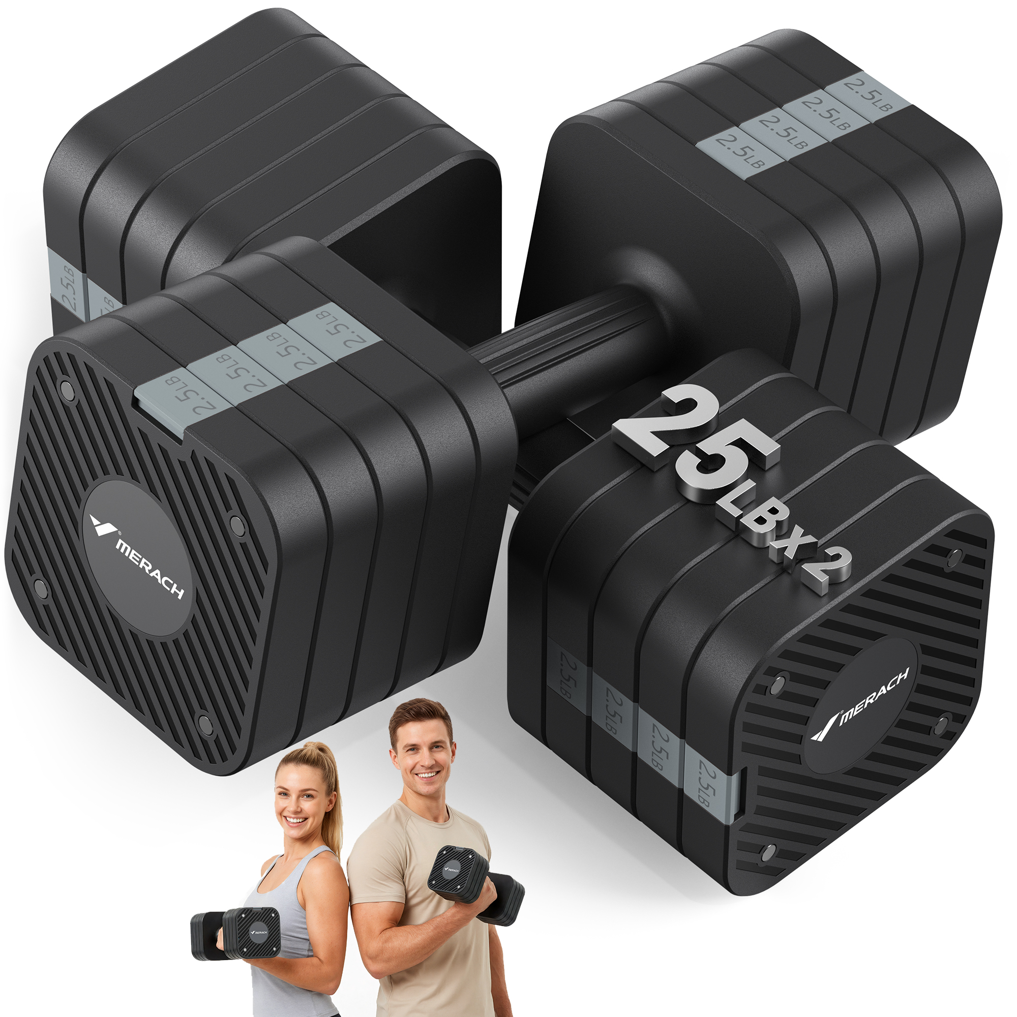 MERACH 50lbs Adjustable Dumbbell Set, 5 in 1 Free Hand Weights for Home Gym, Set of 2, Black&Gray