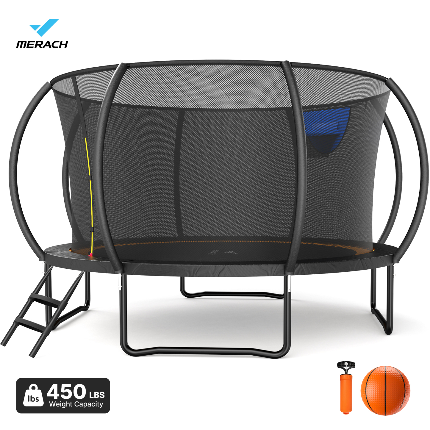 MERACH 10FT, 12FT, 14FT, 16FT Pumpkin Outdoor Trampoline with Safety Enclosure Net, Basketball Hoop & Ladder, Heavy Duty Backyard Trampoline for Kids & Adults