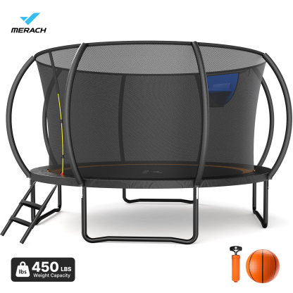 MERACH 10FT, 12FT, 14FT, 16FT Pumpkin Outdoor Trampoline with Safety Enclosure Net, Basketball Hoop & Ladder, Heavy Duty Backyard Trampoline for Kids & Adults