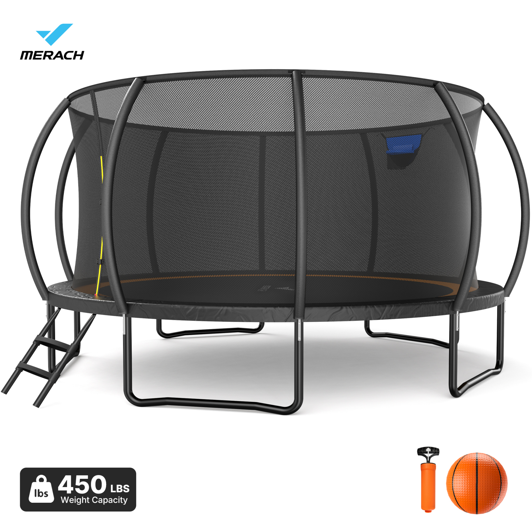 MERACH 10FT, 12FT, 14FT, 16FT Pumpkin Outdoor Trampoline with Safety Enclosure Net, Basketball Hoop & Ladder, Heavy Duty Backyard Trampoline for Kids & Adults