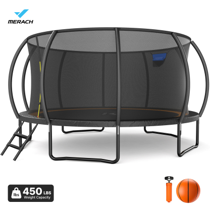 MERACH 10FT, 12FT, 14FT, 16FT Pumpkin Outdoor Trampoline with Safety Enclosure Net, Basketball Hoop & Ladder, Heavy Duty Backyard Trampoline for Kids & Adults